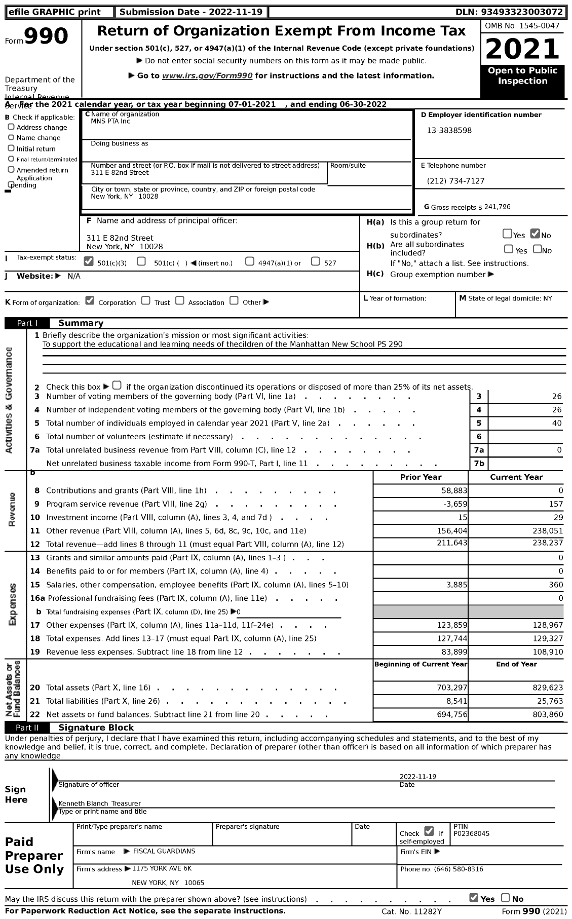 Image of first page of 2021 Form 990 for MNS Pta