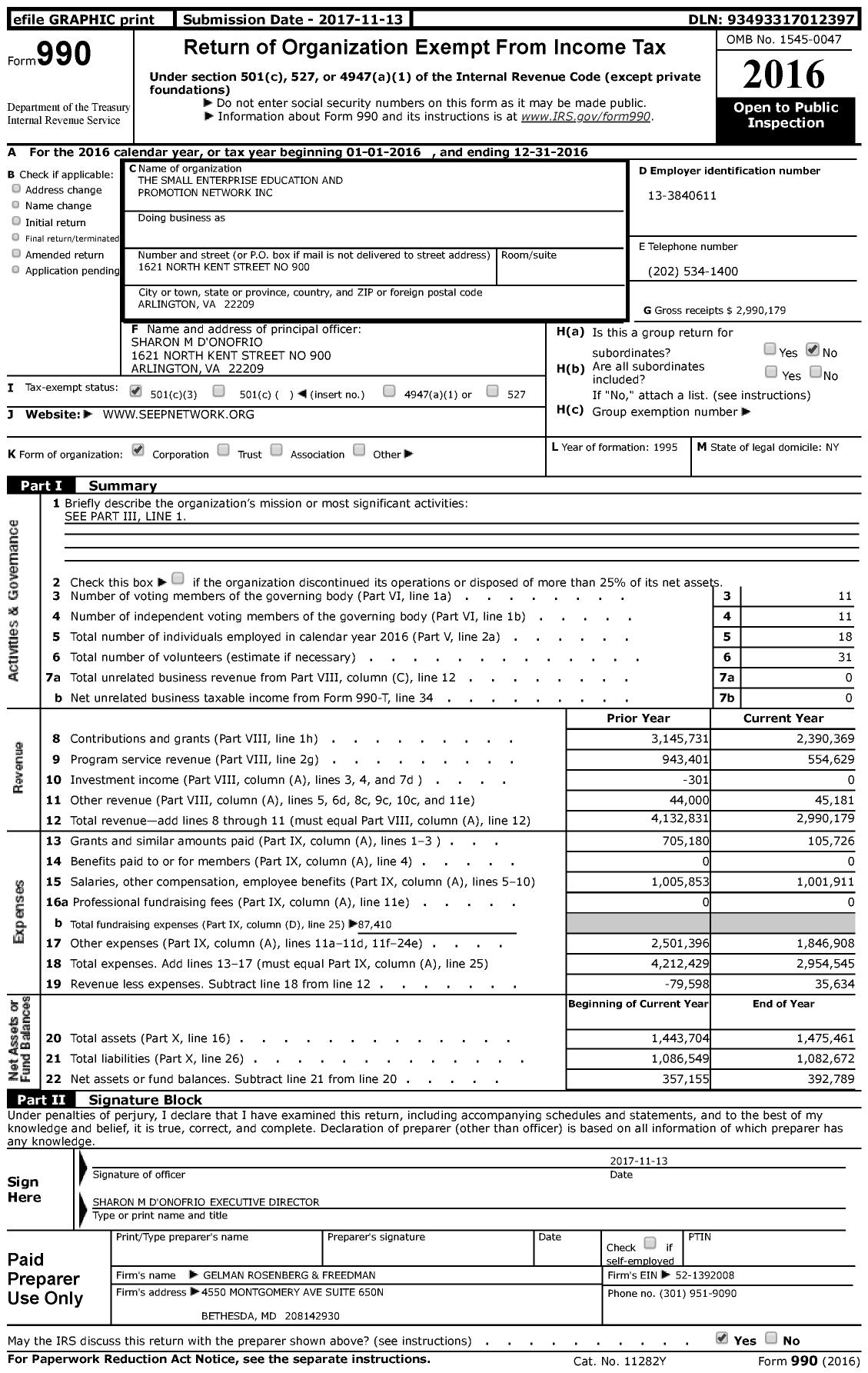 Image of first page of 2016 Form 990 for The Small Enterprise Education and Promotion Network