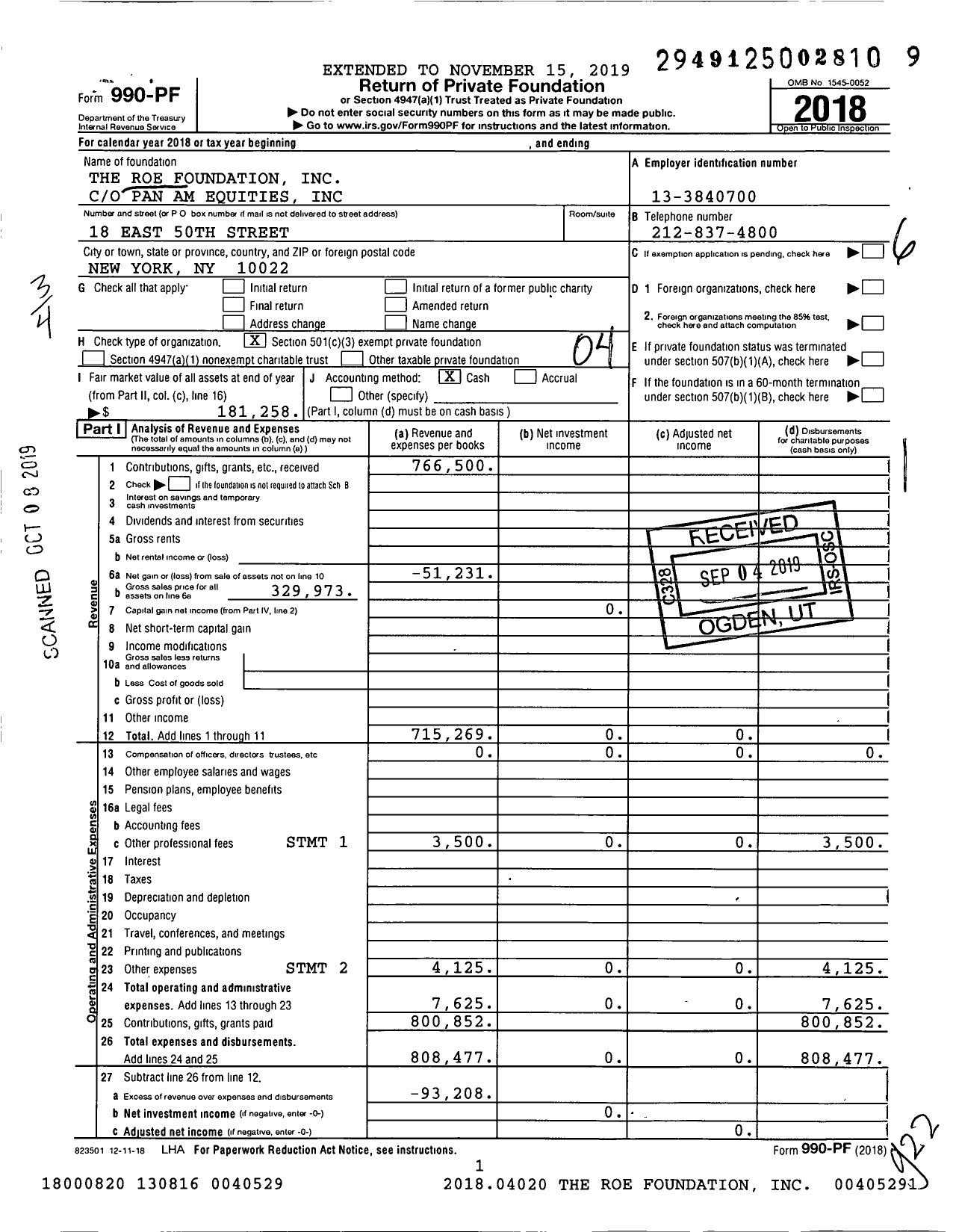 Image of first page of 2018 Form 990PF for The Roe Foundation / Katz Jerome H Ttee