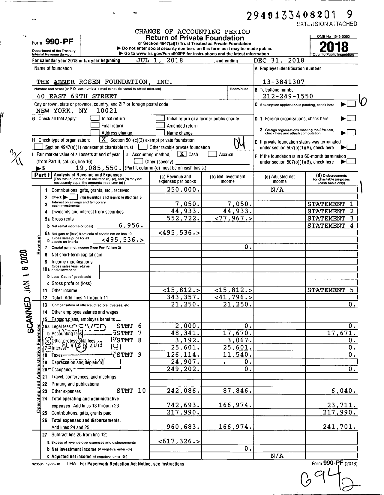 Image of first page of 2018 Form 990PF for The Abner Rosen Foundation