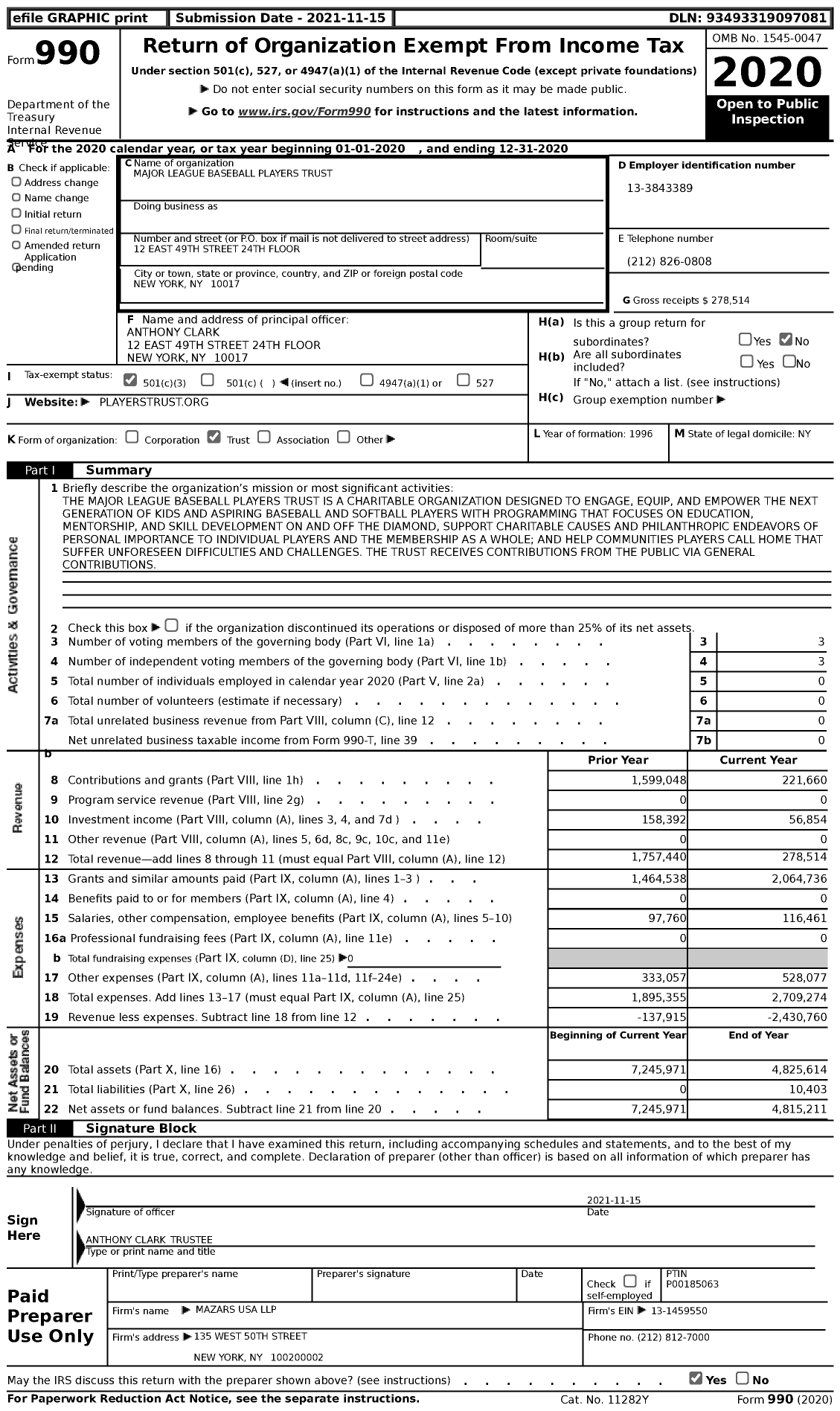 Image of first page of 2020 Form 990 for Major League Baseball Players Trust