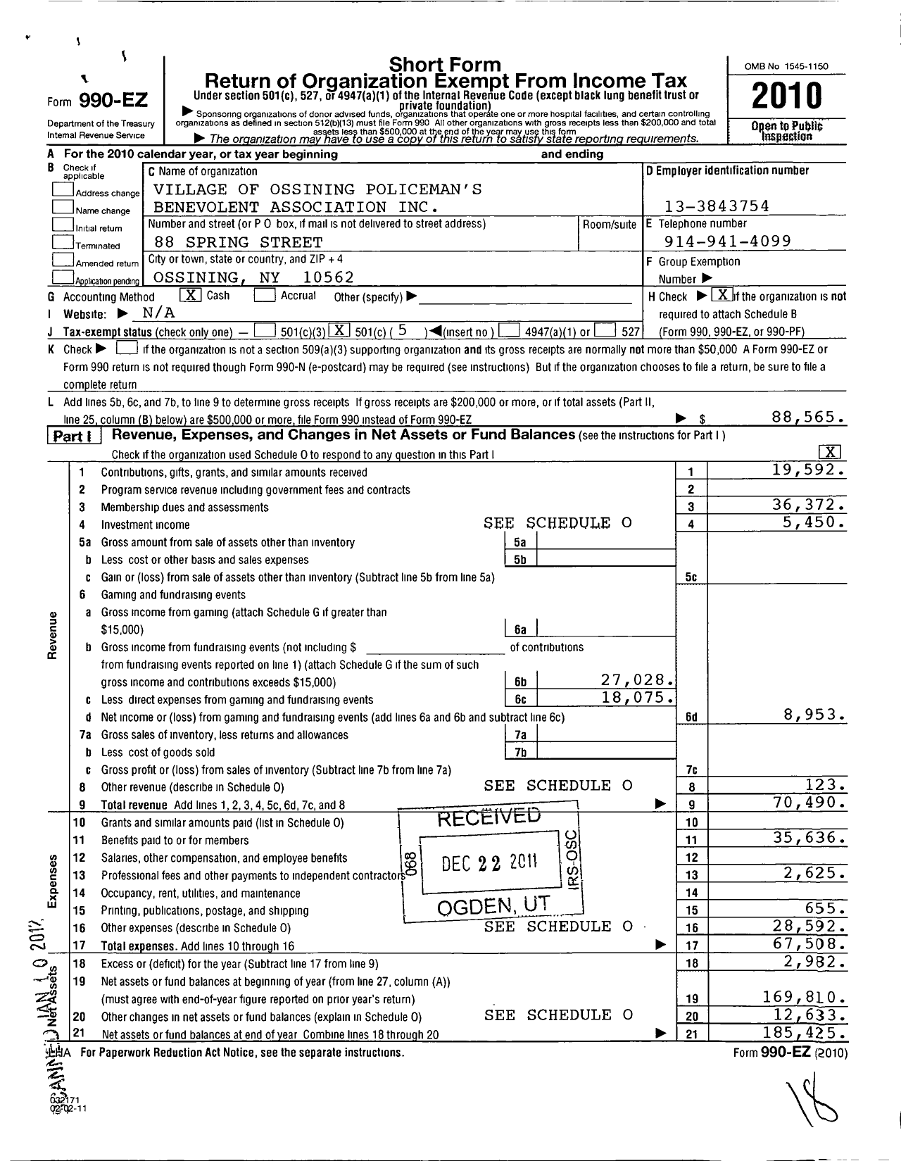 Image of first page of 2010 Form 990EO for Village of Ossining Policeman's Benevolent Association