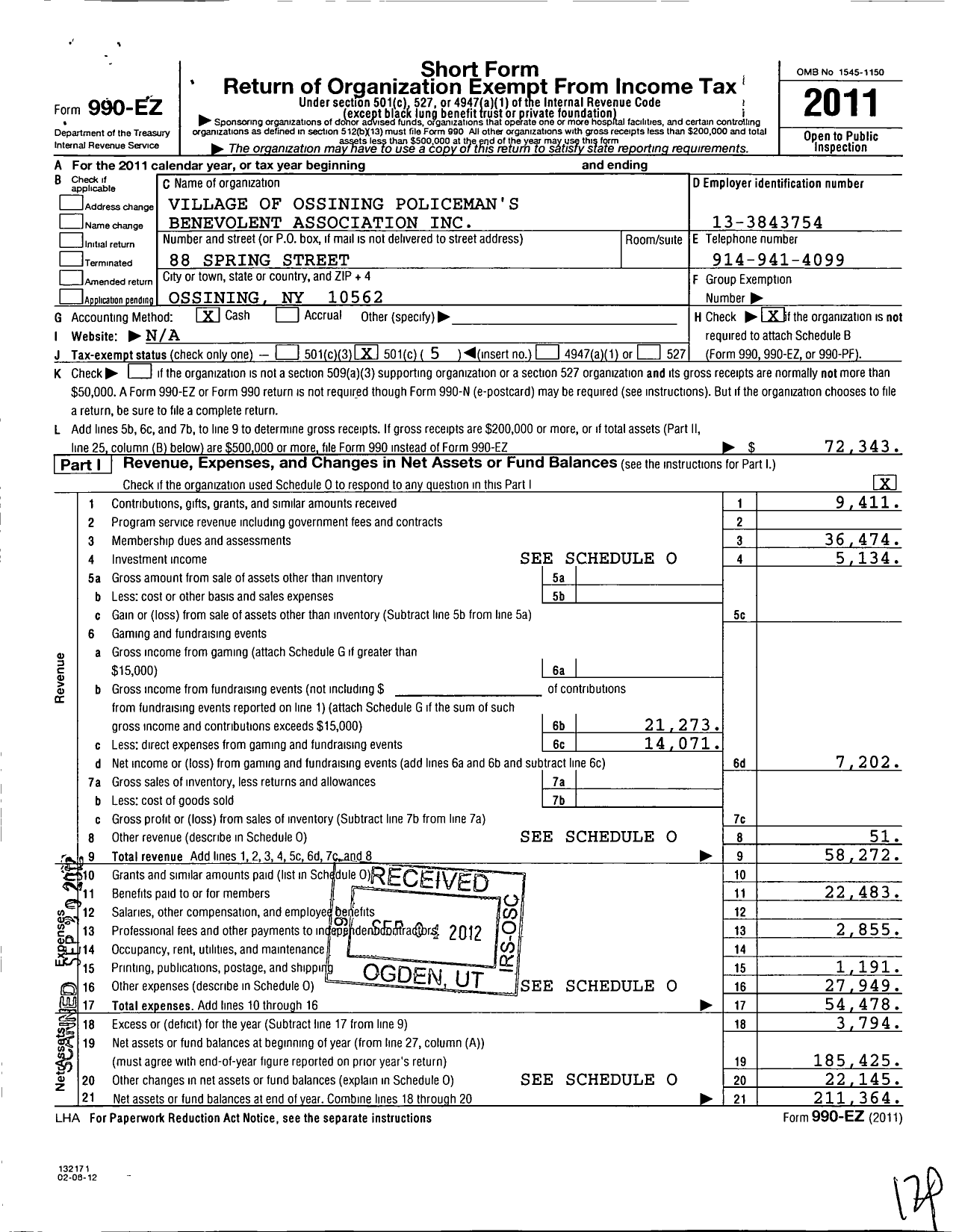 Image of first page of 2011 Form 990EO for Village of Ossining Policeman's Benevolent Association