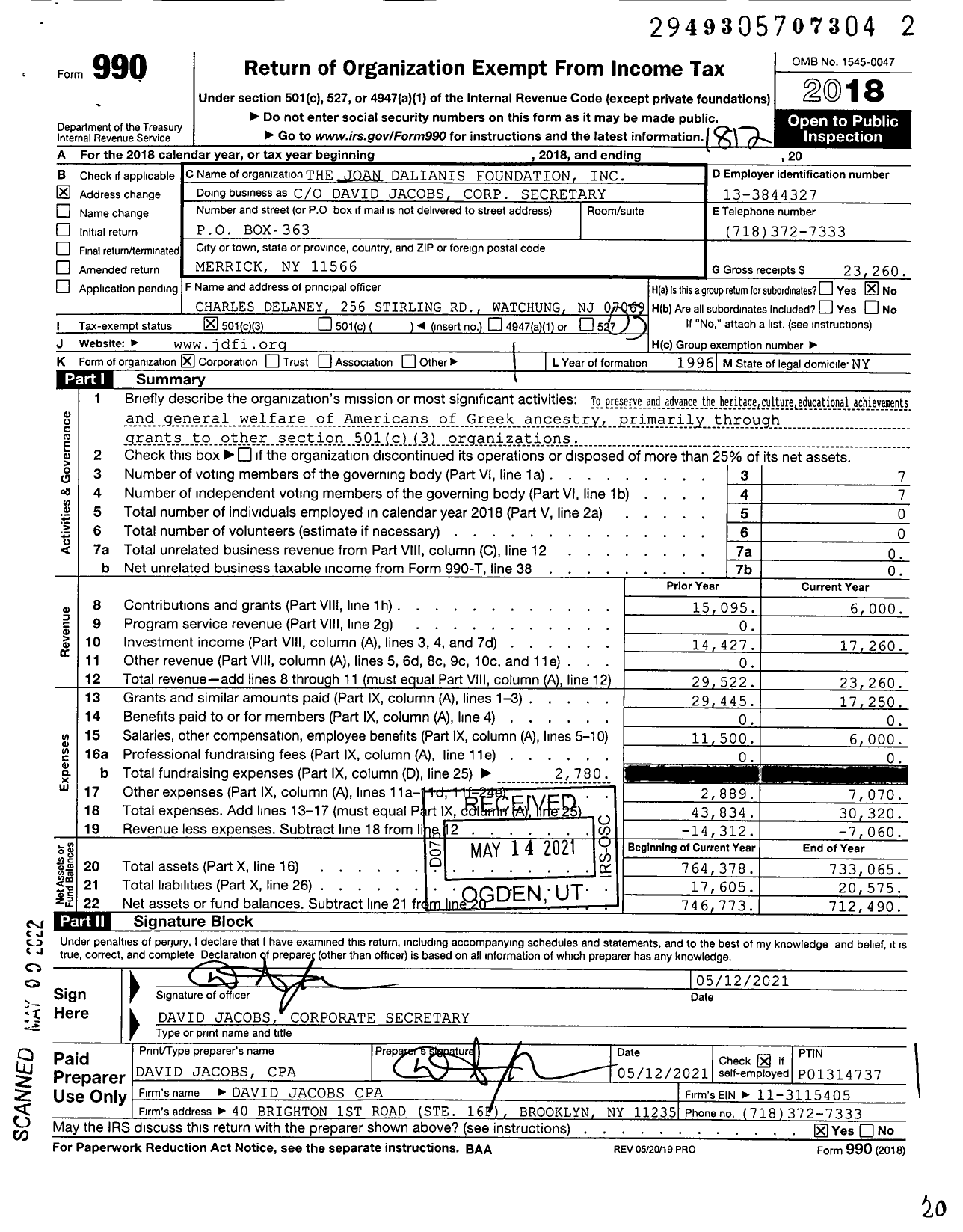 Image of first page of 2018 Form 990 for The Joan Dalianis Foundation