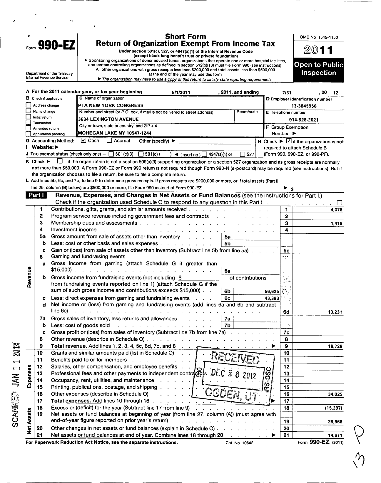 Image of first page of 2011 Form 990EO for New York State PTA - 18-363 George Washington PTA