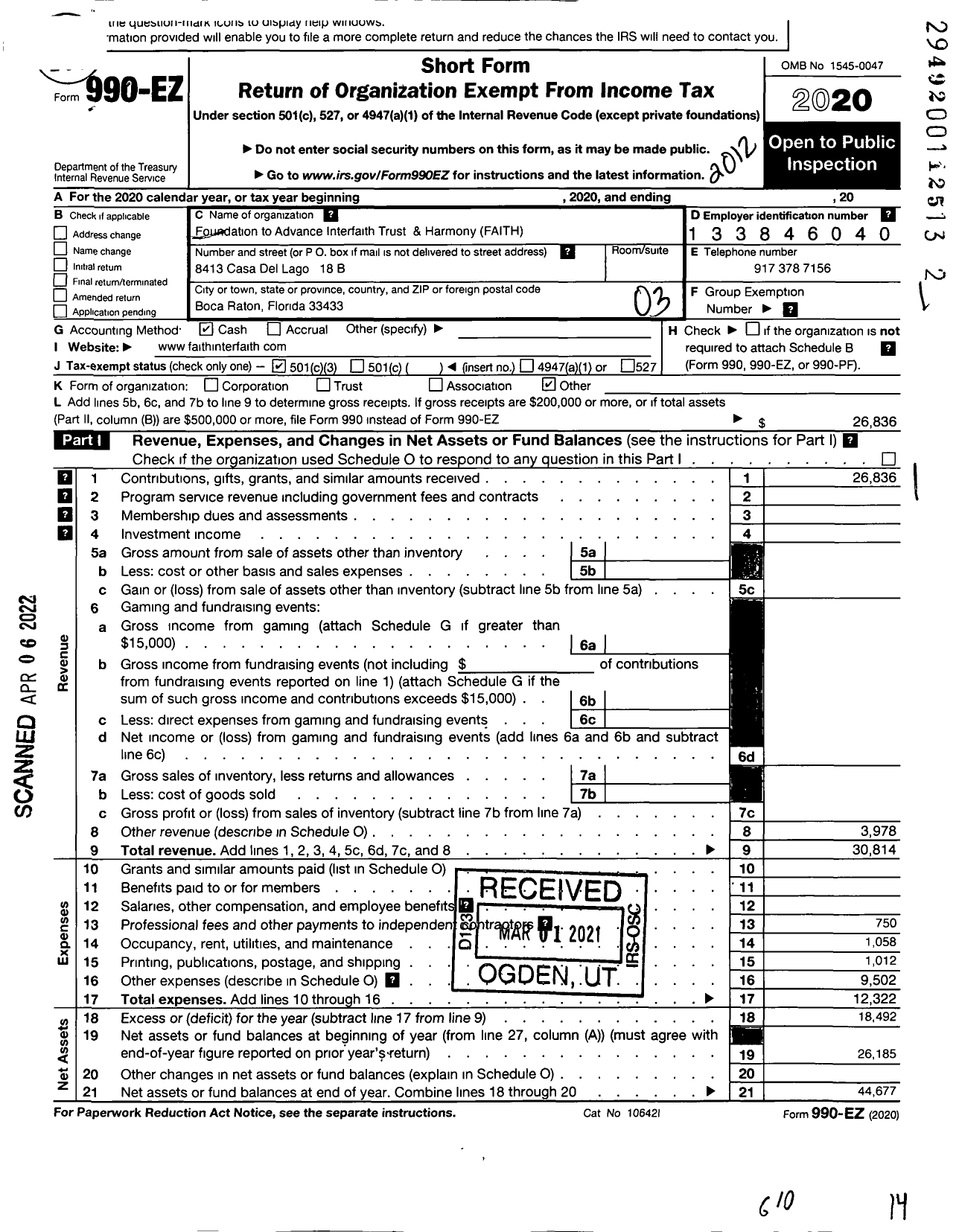 Image of first page of 2020 Form 990EZ for Foundation To Advance Interfaith Trust and Harmony