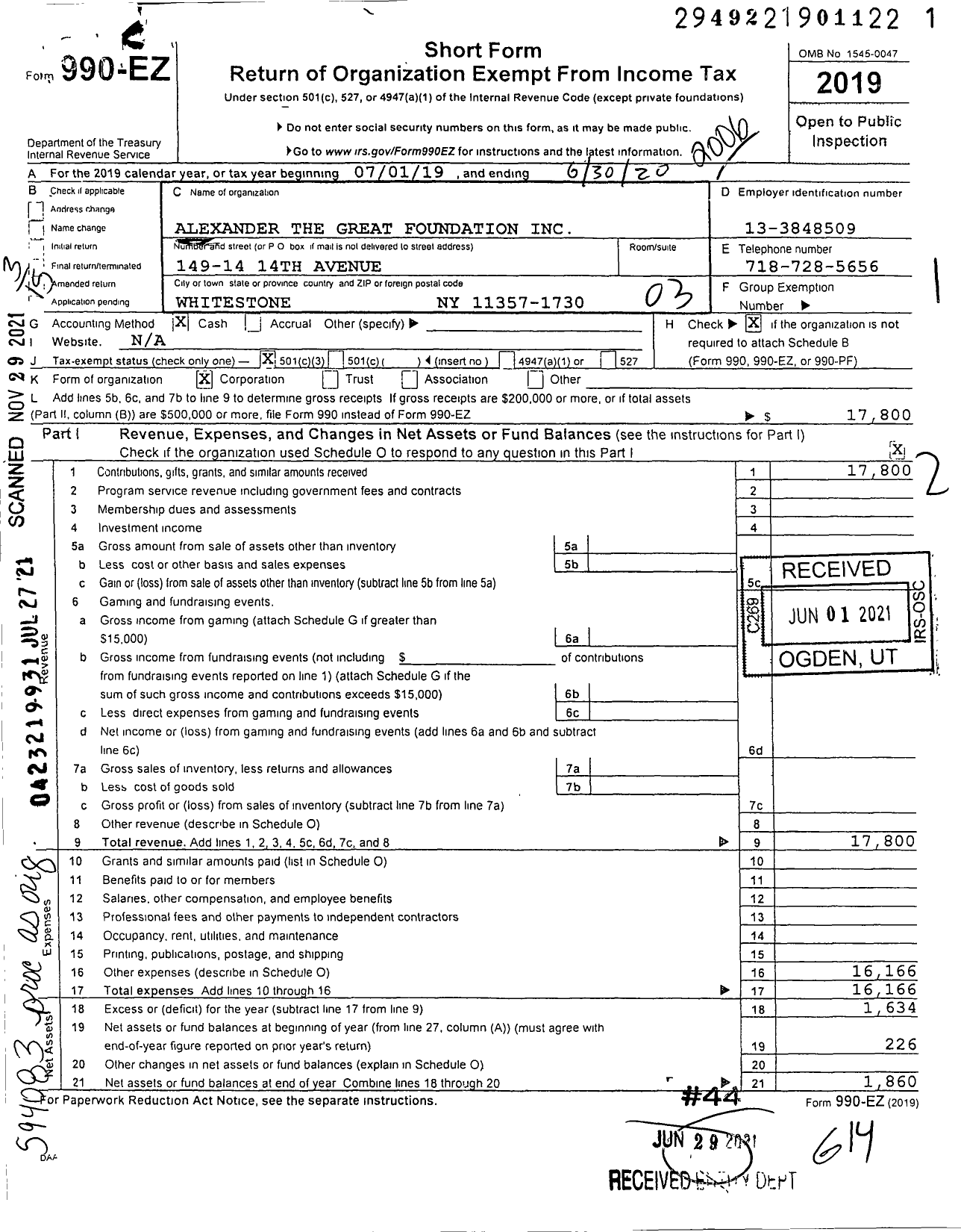 Image of first page of 2019 Form 990EZ for Alexander the Great Foundation