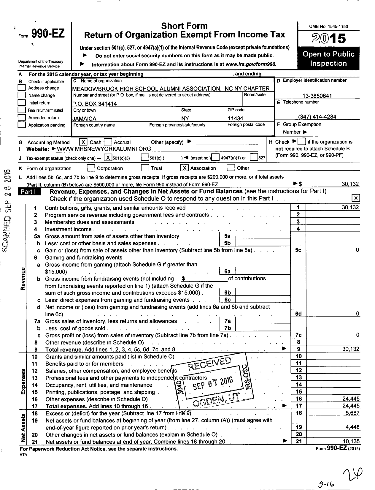 Image of first page of 2015 Form 990EZ for Meadowbrook High School Alumni Association