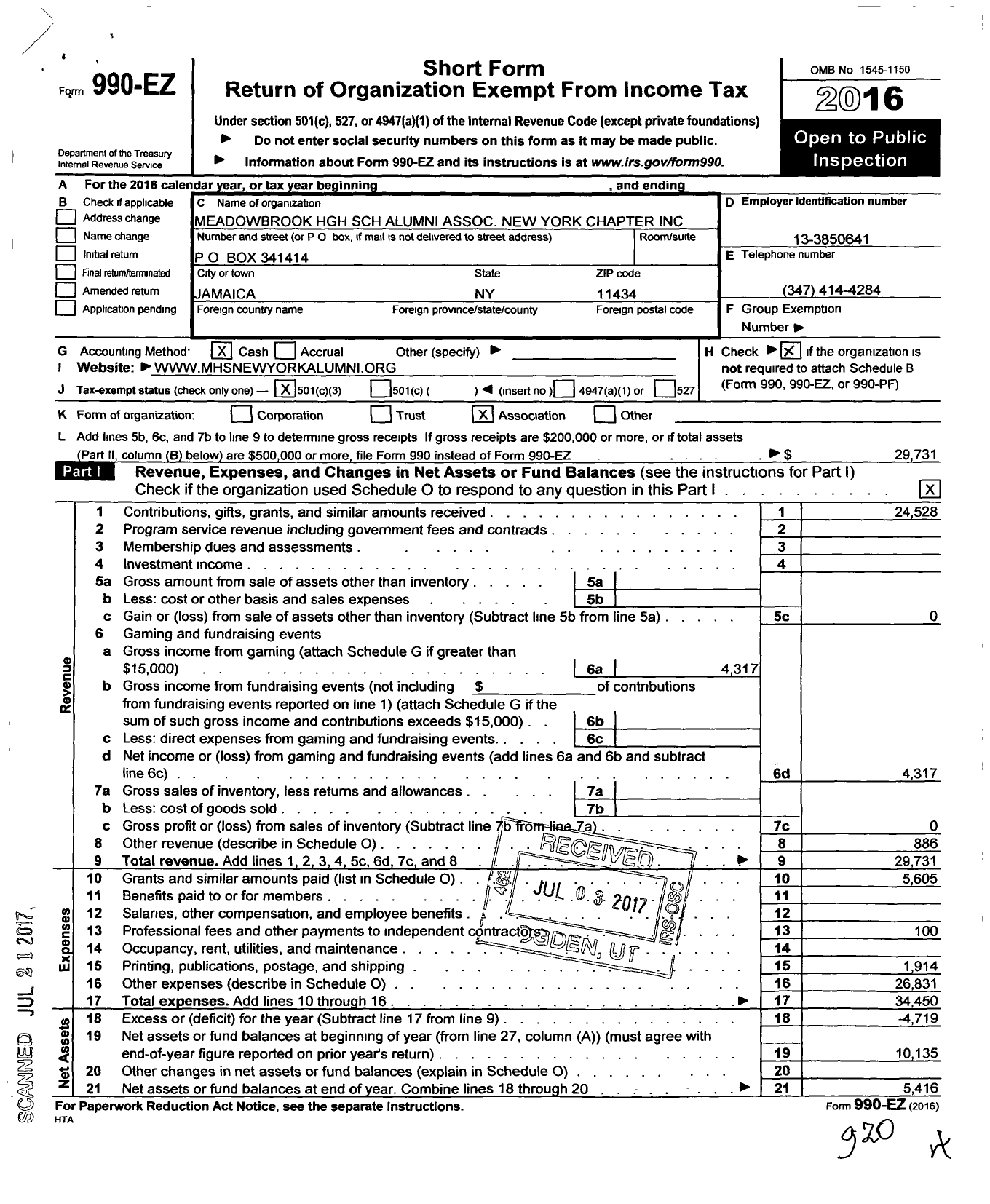 Image of first page of 2016 Form 990EZ for Meadowbrook High School Alumni Association