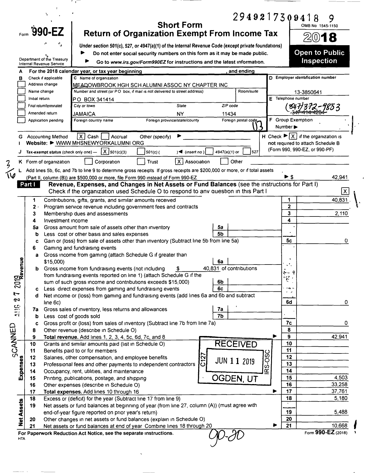 Image of first page of 2018 Form 990EZ for Meadowbrook High School Alumni Association