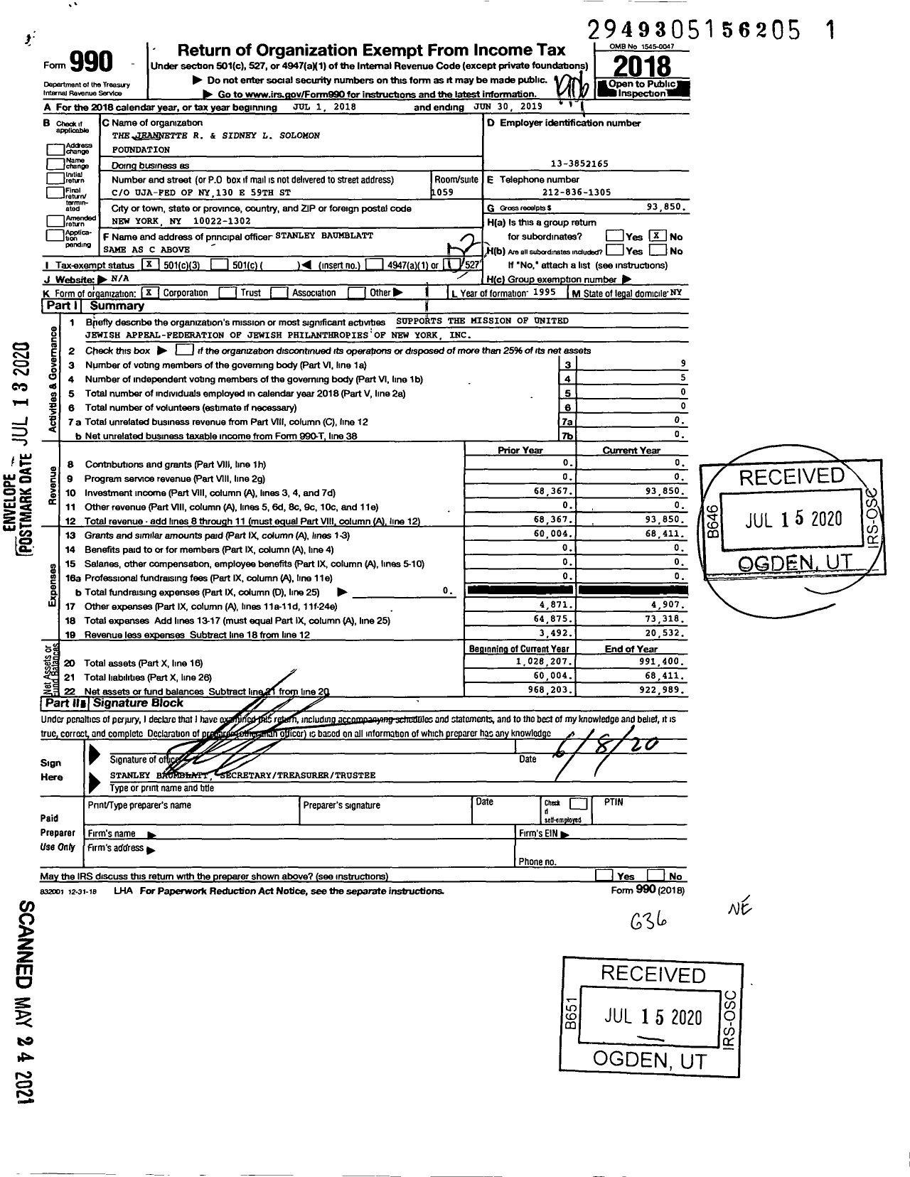 Image of first page of 2018 Form 990 for The Jeannette R and Sidney L Solomon Foundation