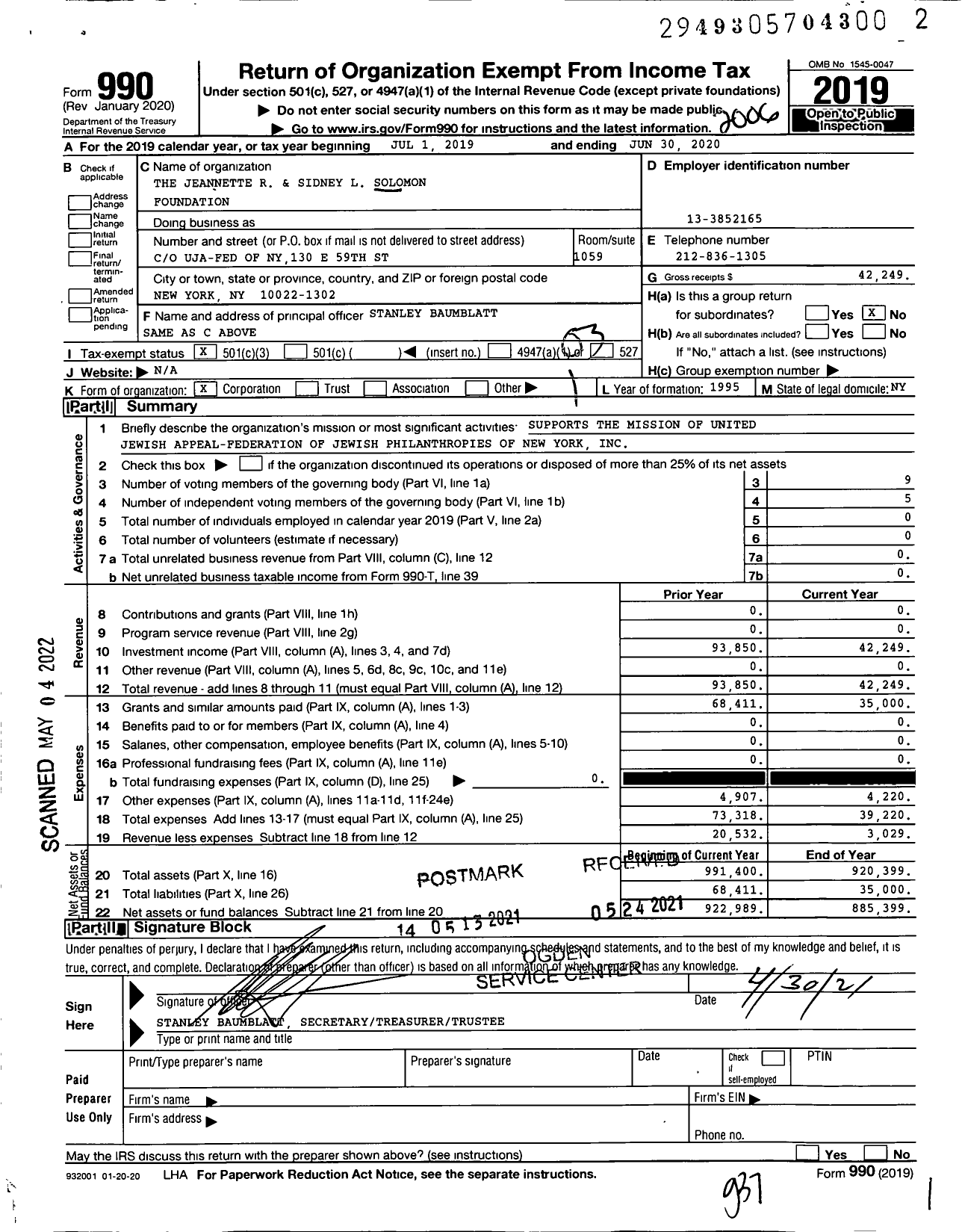 Image of first page of 2019 Form 990 for The Jeannette R and Sidney L Solomon Foundation