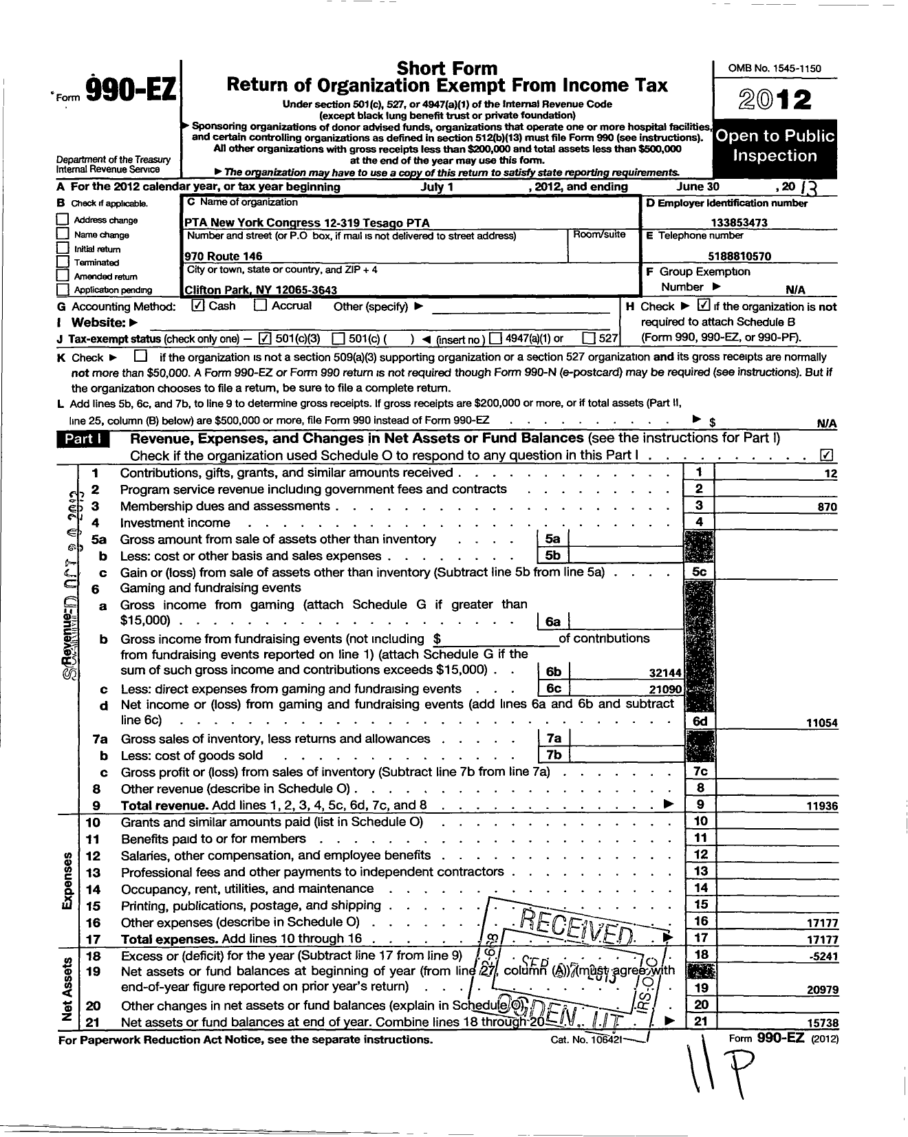 Image of first page of 2012 Form 990EZ for New York State PTA - 12-319 Tesago PTA