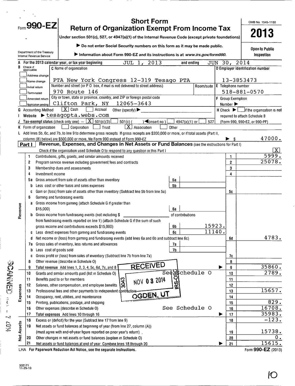 Image of first page of 2013 Form 990EZ for New York State PTA - 12-319 Tesago PTA