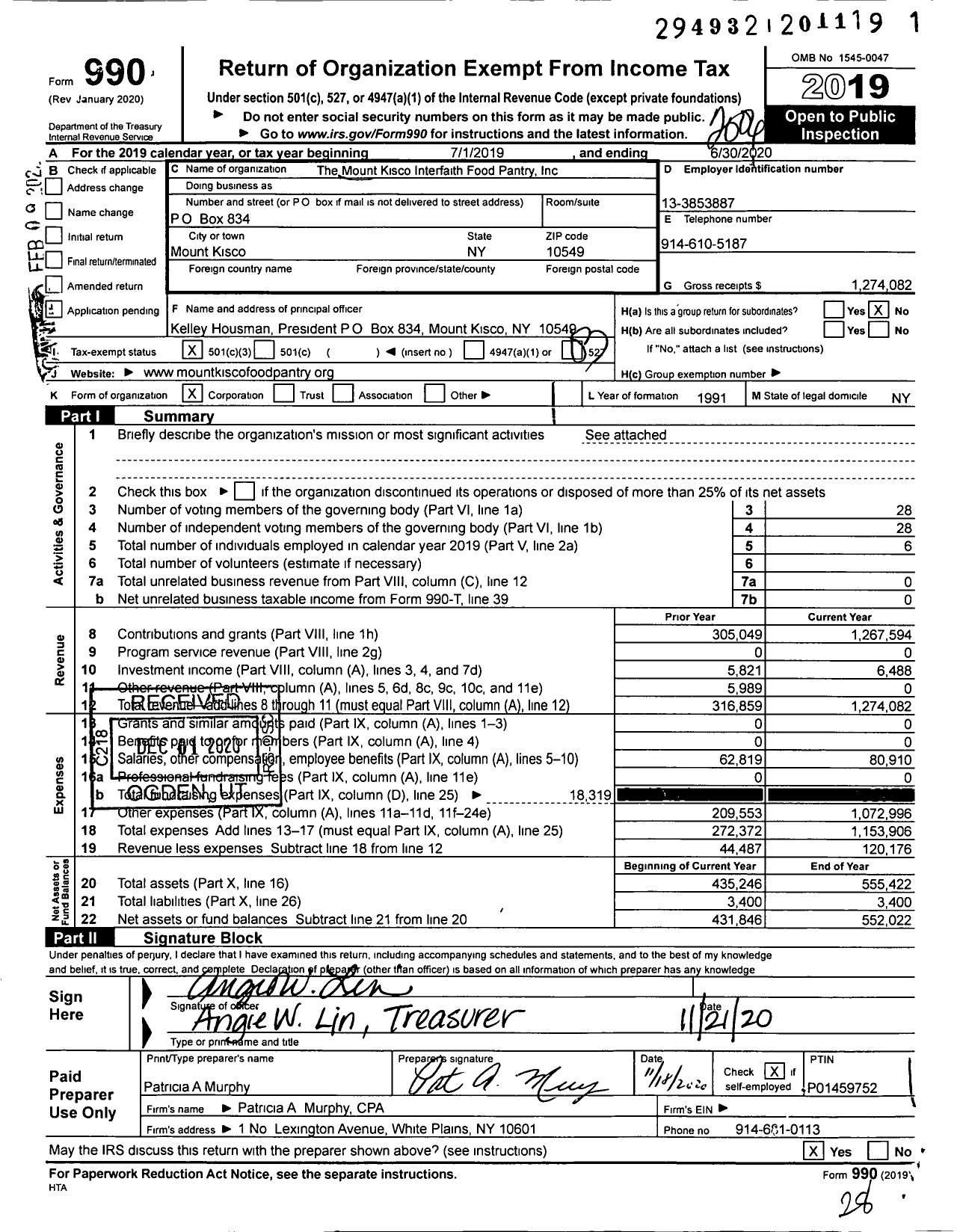 Image of first page of 2019 Form 990 for The Mount Kisco Interfaith Food Pantry