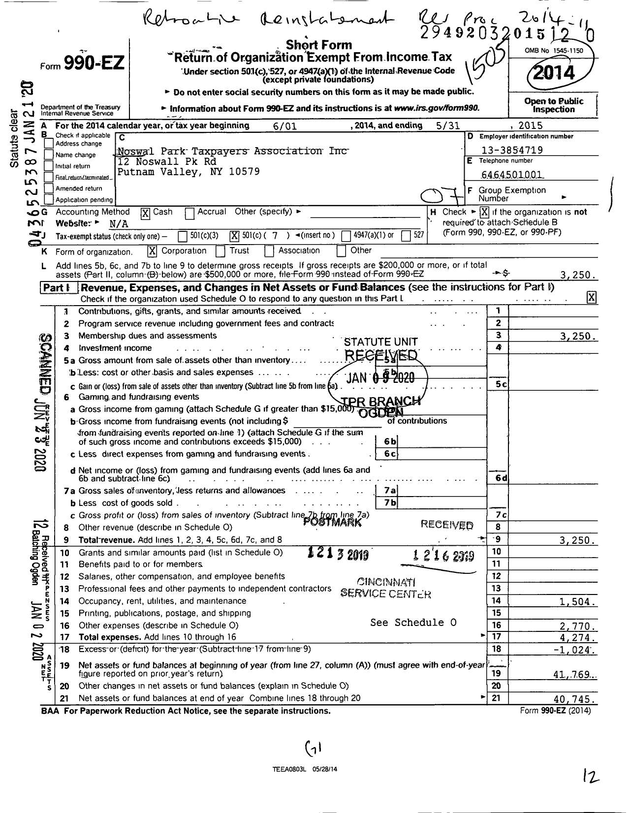 Image of first page of 2014 Form 990EO for Noswal Park Taxpayers Association