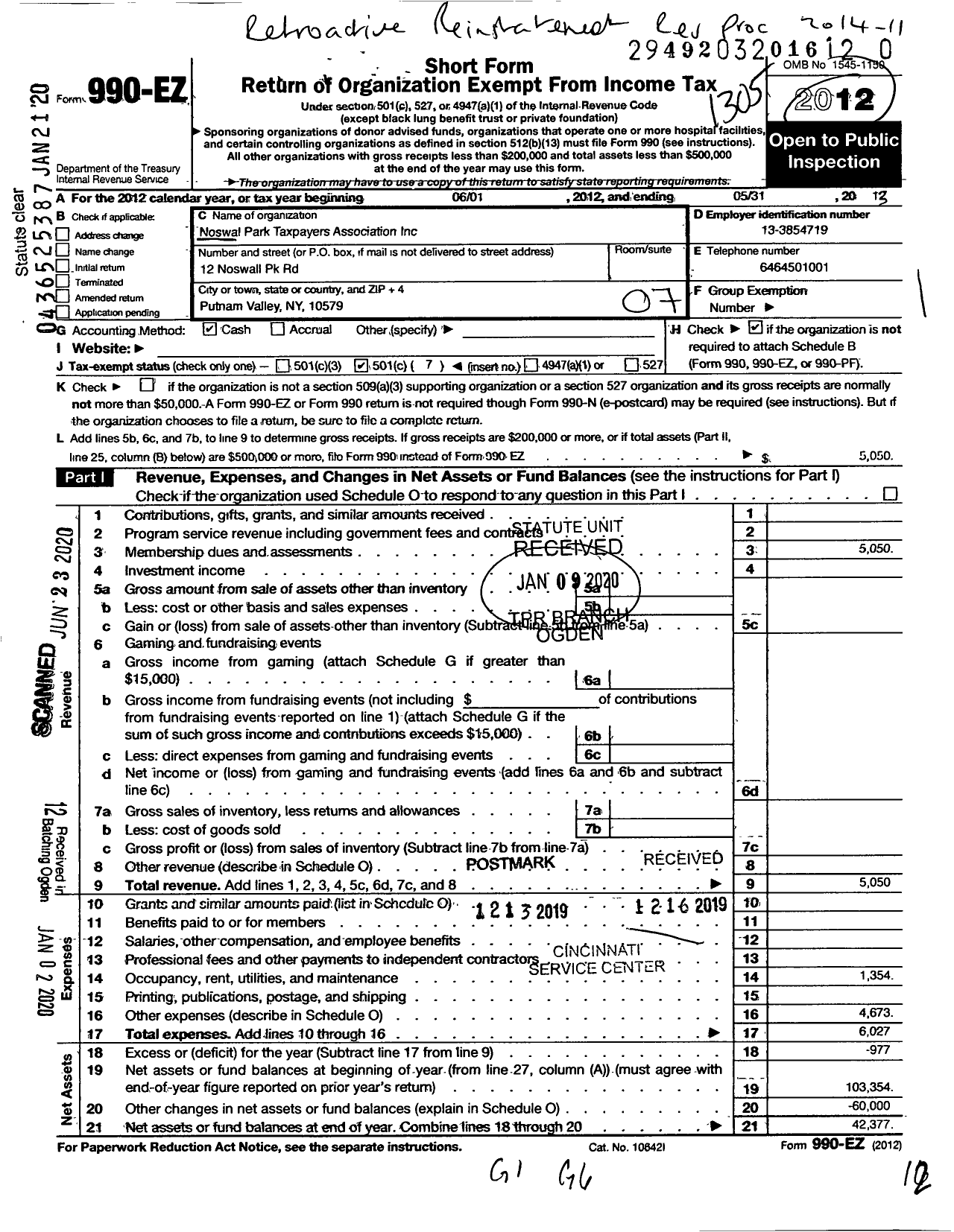 Image of first page of 2012 Form 990EO for Noswal Park Taxpayers Association