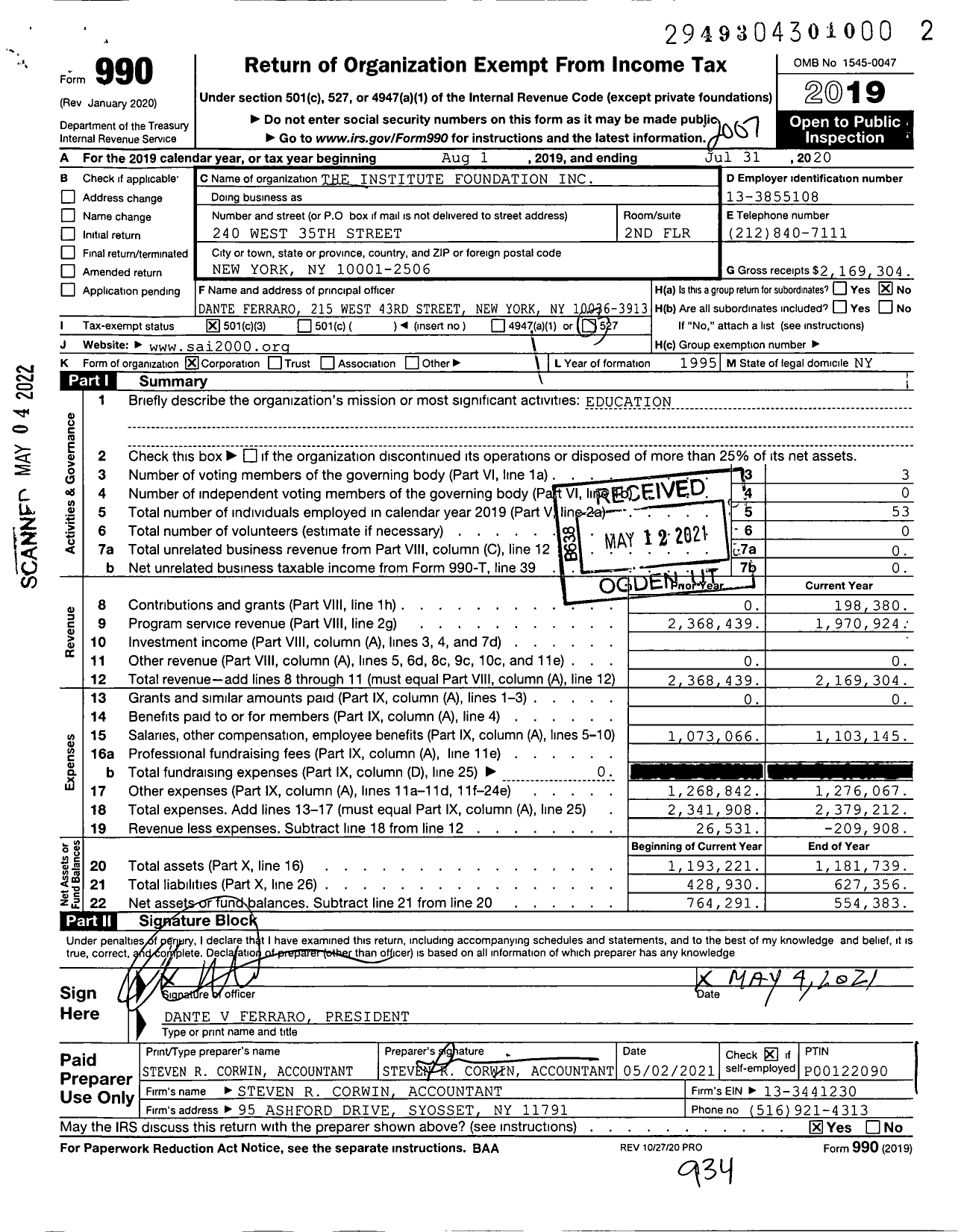 Image of first page of 2019 Form 990 for Spanish-American Institute / The Institute Foundation Inc