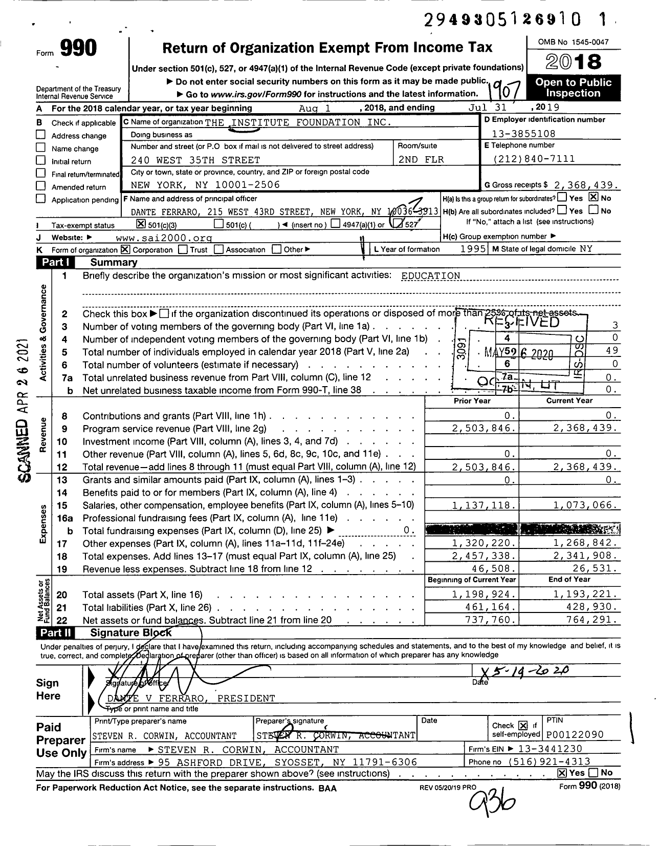 Image of first page of 2018 Form 990 for Spanish-American Institute / The Institute Foundation Inc