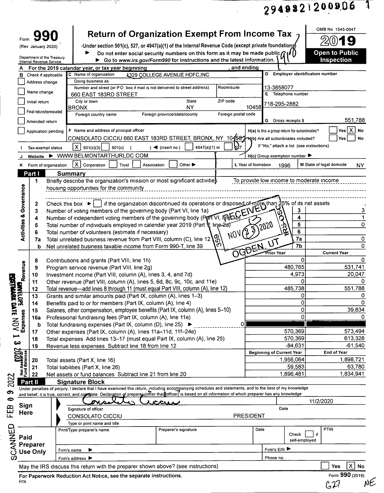 Image of first page of 2019 Form 990 for 1329 College Avenue HDFC