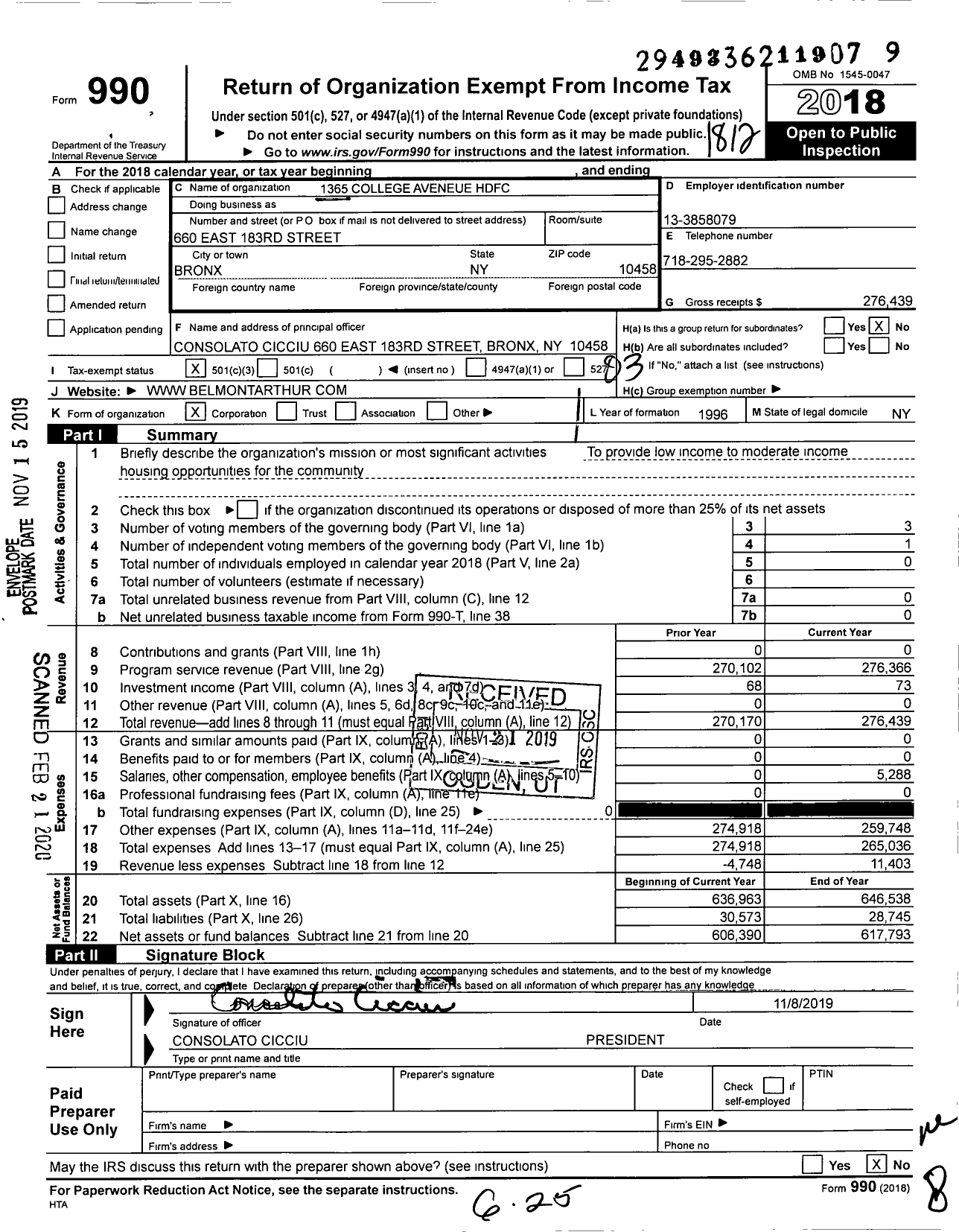 Image of first page of 2018 Form 990 for 1365 College Avenue HDFC