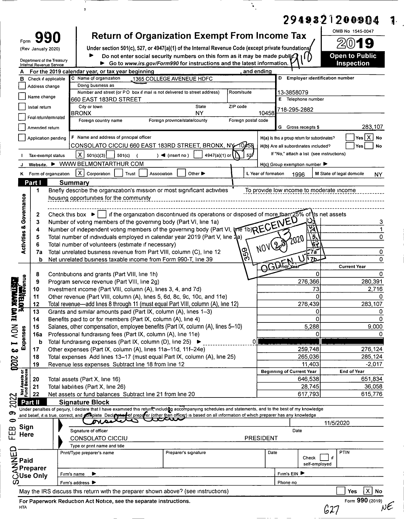 Image of first page of 2019 Form 990 for 1365 College Avenue HDFC