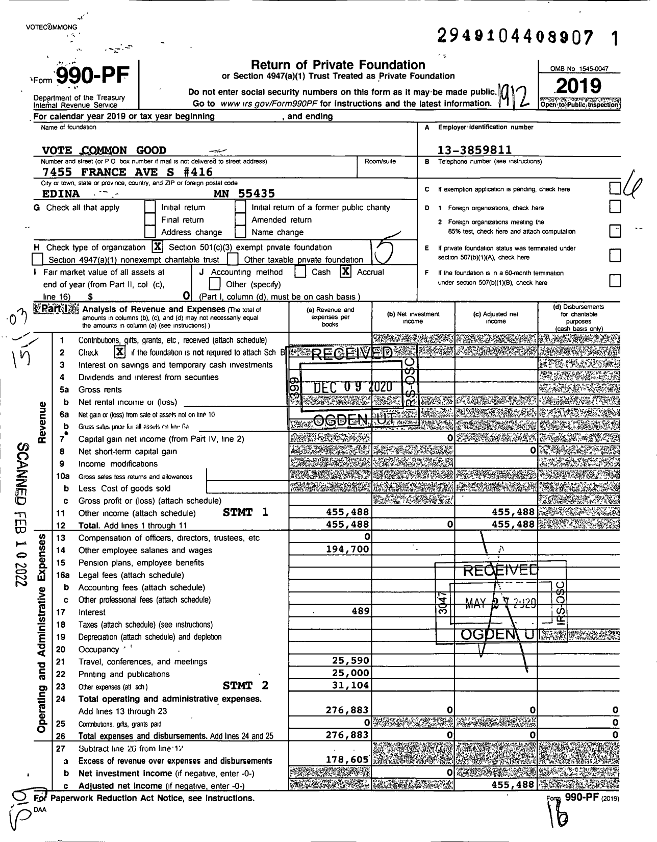 Image of first page of 2019 Form 990PF for The Common Good Institute