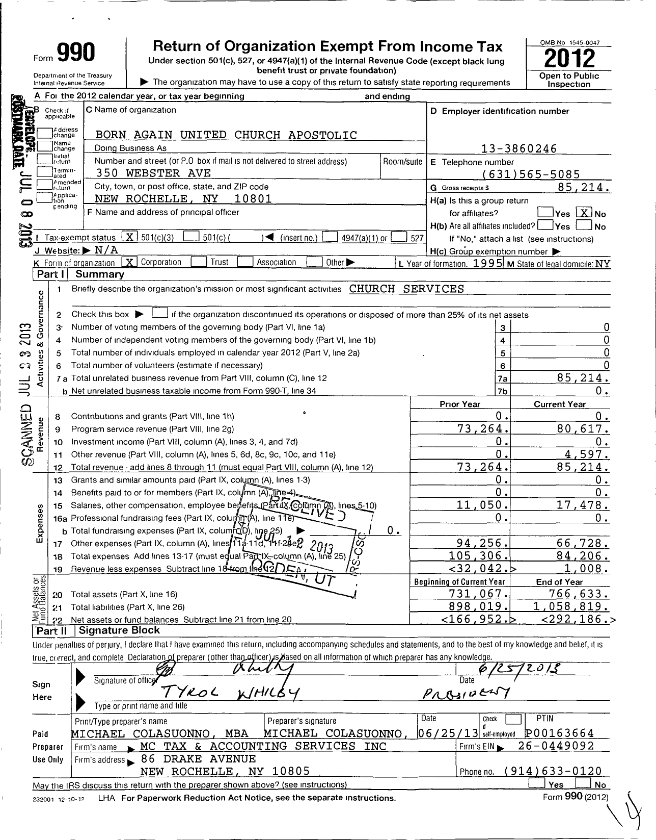 Image of first page of 2012 Form 990 for Born Again United Church Apostolic