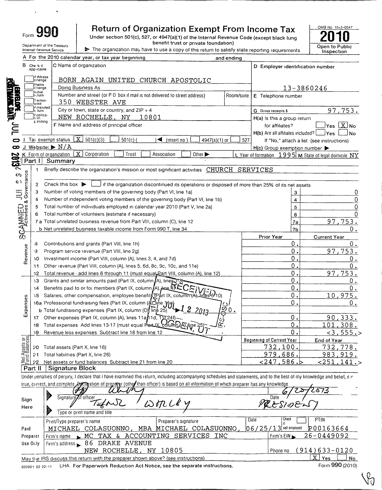 Image of first page of 2010 Form 990 for Born Again United Church Apostolic