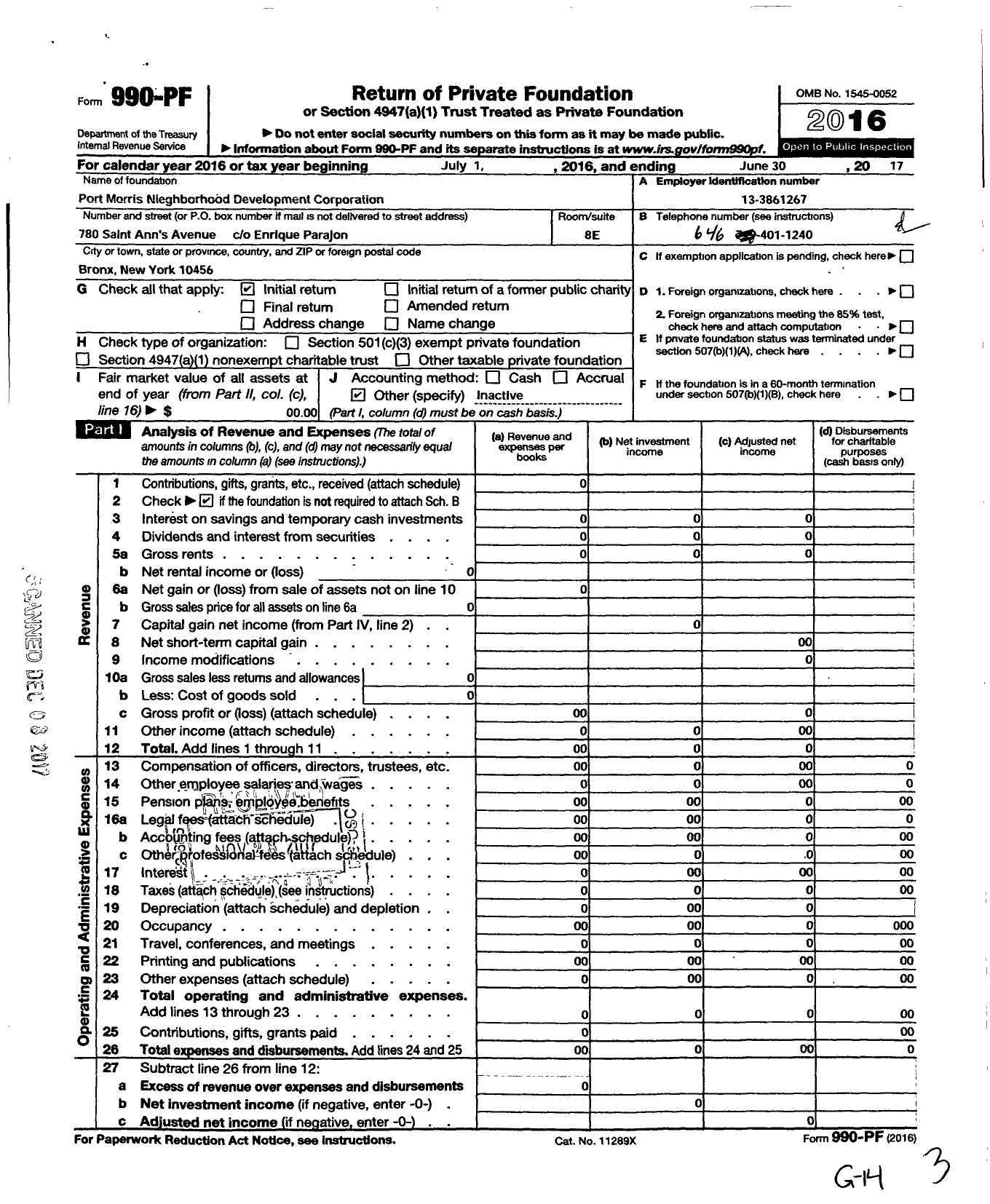 Image of first page of 2016 Form 990PF for Port Morris Neighborhood Development Corporation