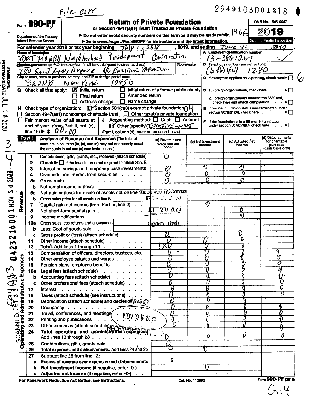 Image of first page of 2018 Form 990PF for Port Morris Neighborhood Development Corporation