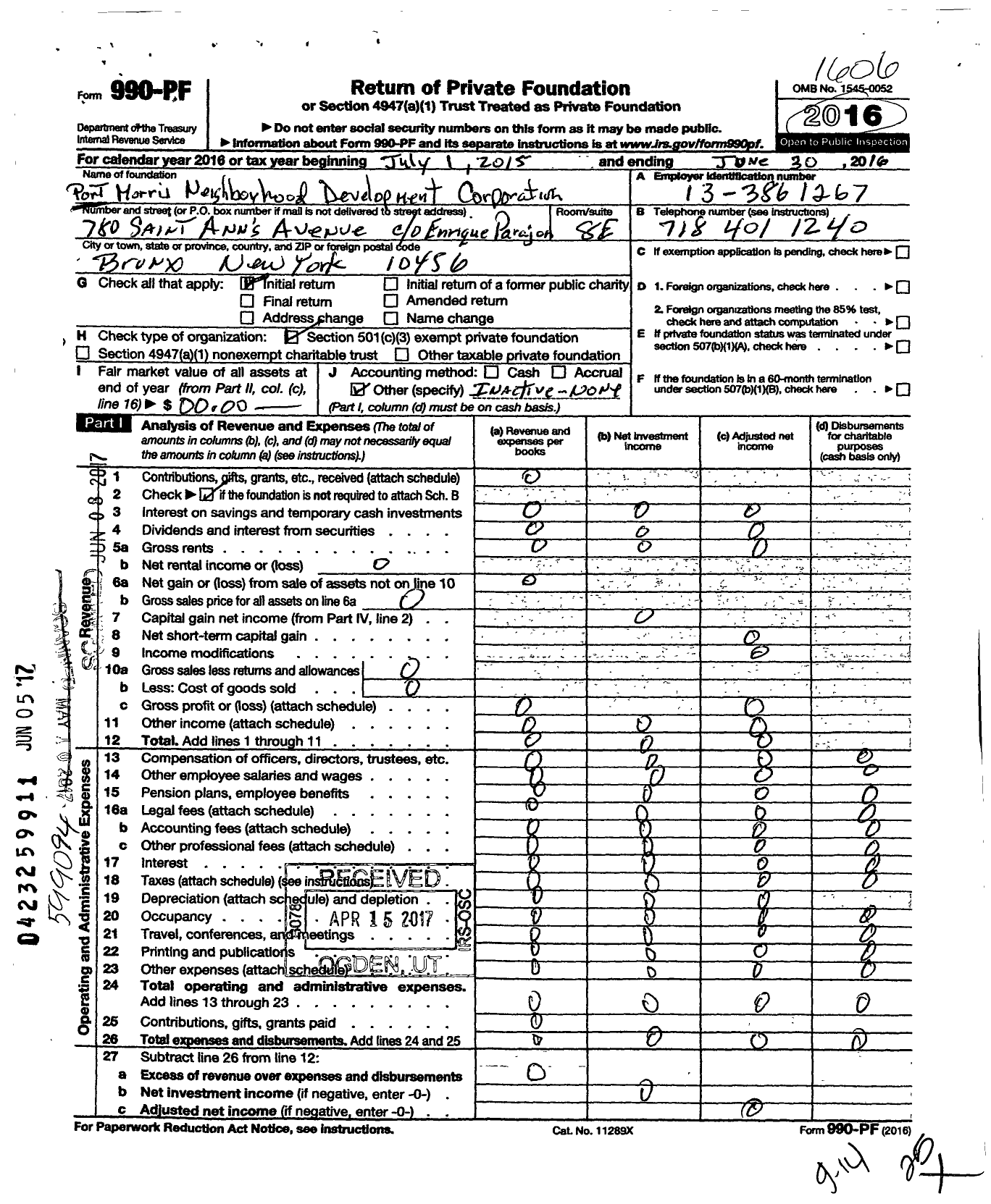 Image of first page of 2015 Form 990PF for Port Morris Neighborhood Development Corporation