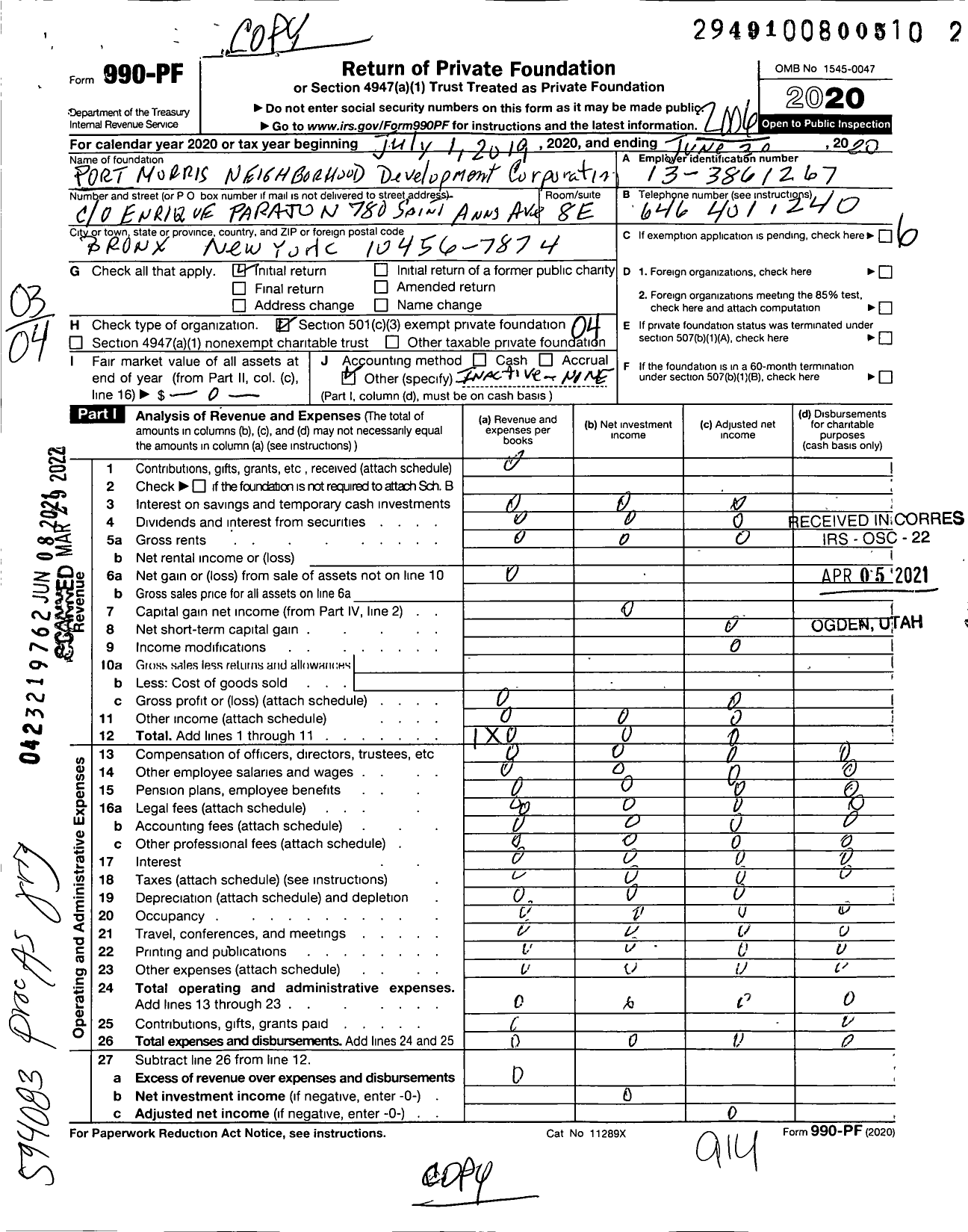 Image of first page of 2019 Form 990PF for Port Morris Neighborhood Development Corporation