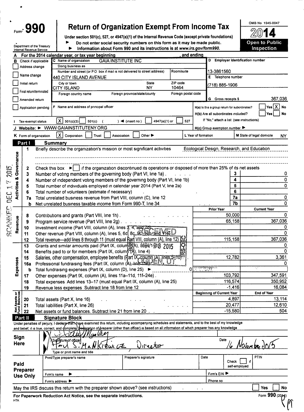 Image of first page of 2014 Form 990 for Gaia Institute