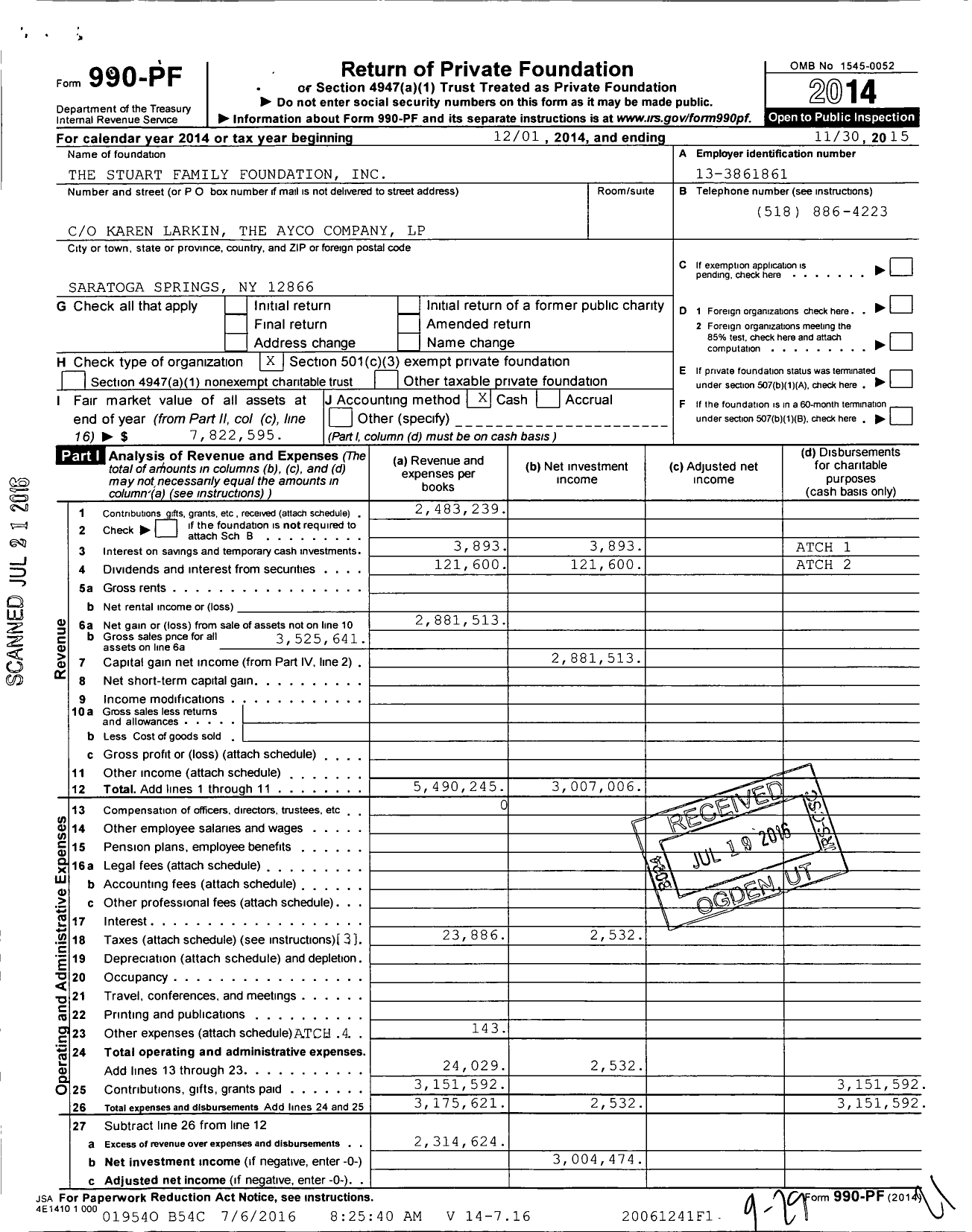 Image of first page of 2014 Form 990PF for The Stuart Family Foundation