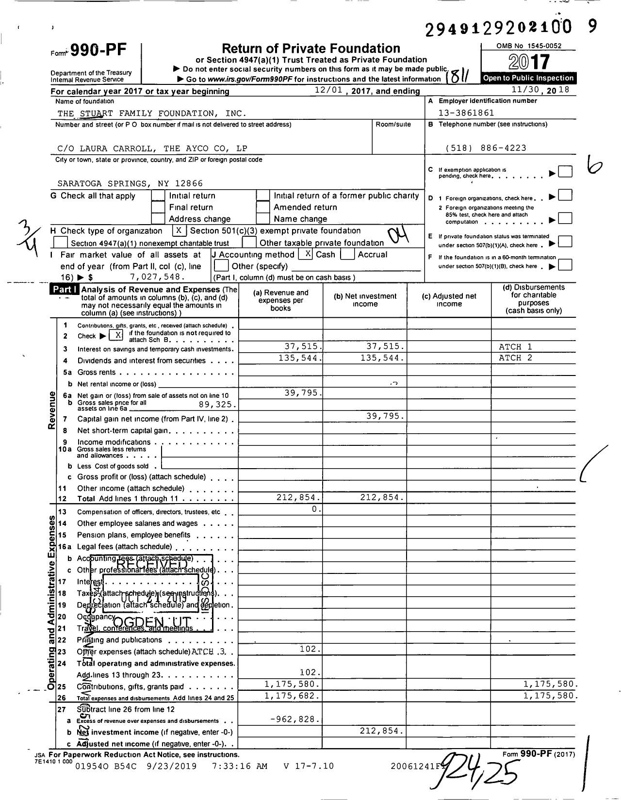 Image of first page of 2017 Form 990PF for The Stuart Family Foundation