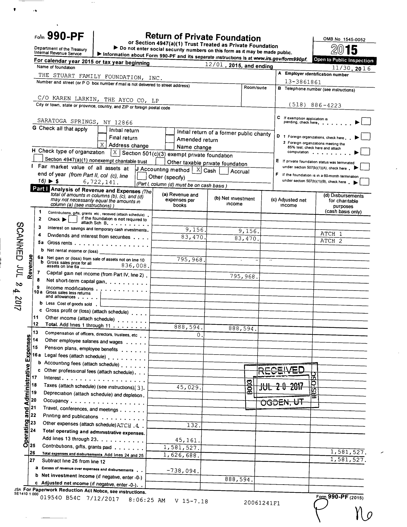 Image of first page of 2015 Form 990PF for The Stuart Family Foundation
