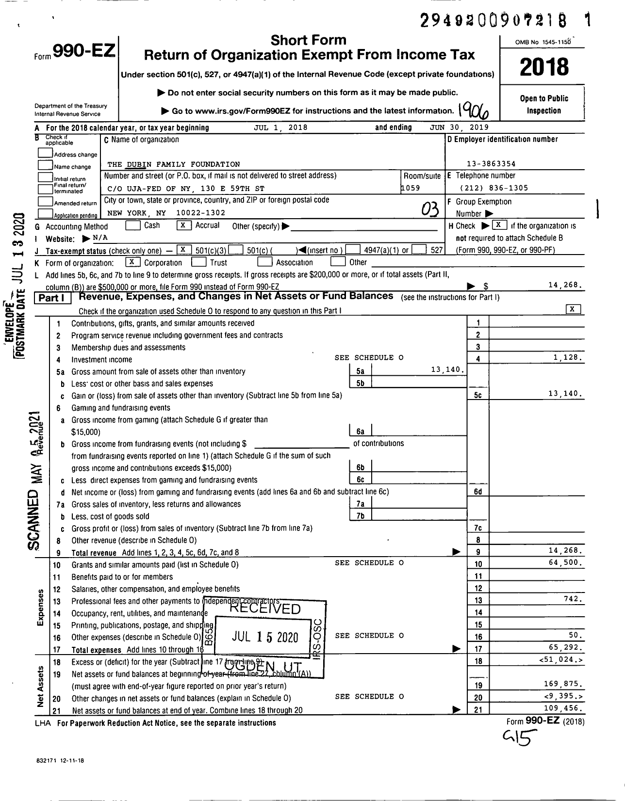 Image of first page of 2018 Form 990EZ for The Dubin Family Foundation