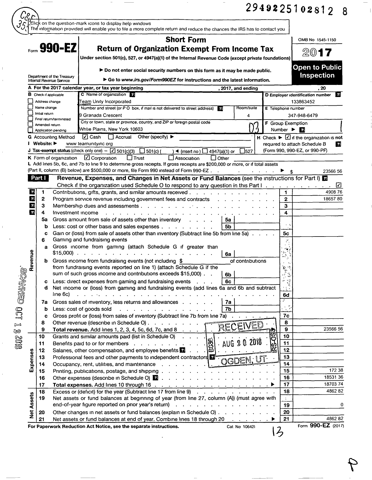 Image of first page of 2017 Form 990EZ for Team Unity Incorporated