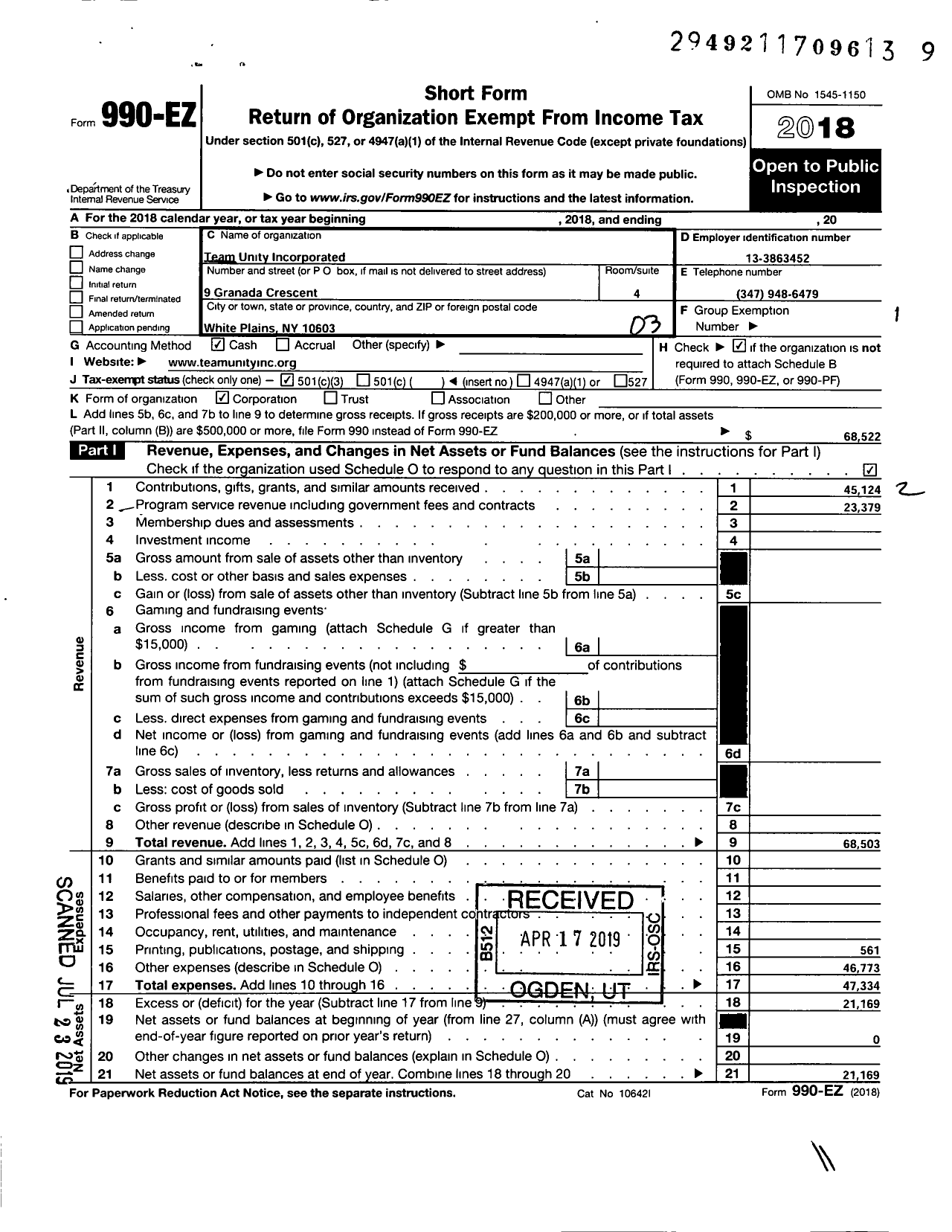 Image of first page of 2018 Form 990EZ for Team Unity Incorporated