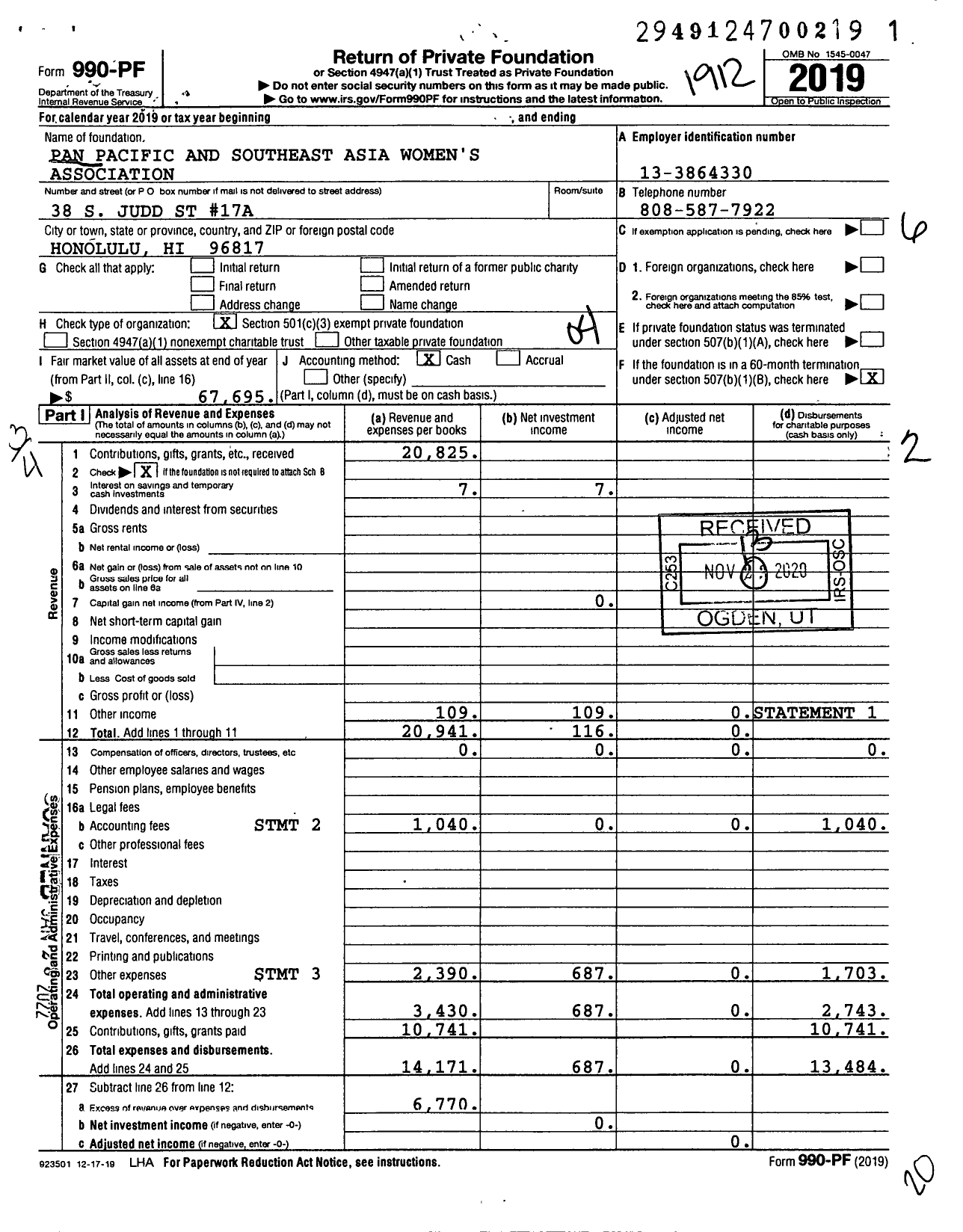 Image of first page of 2019 Form 990PF for Pan Pacific and Southeast Asia Womens Association