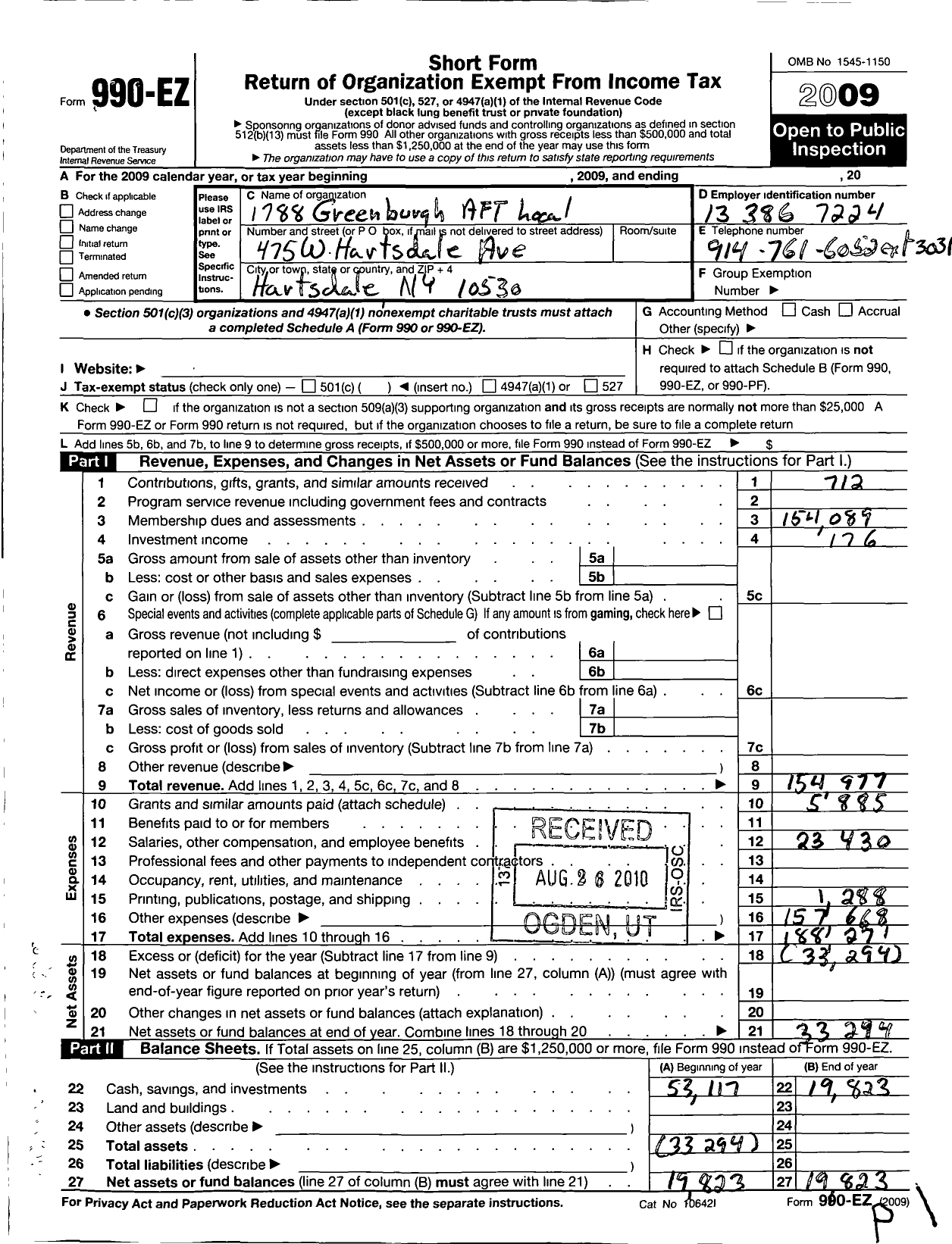 Image of first page of 2009 Form 990EO for American Federation of Teachers - 1788 Greenburgh Aft Local