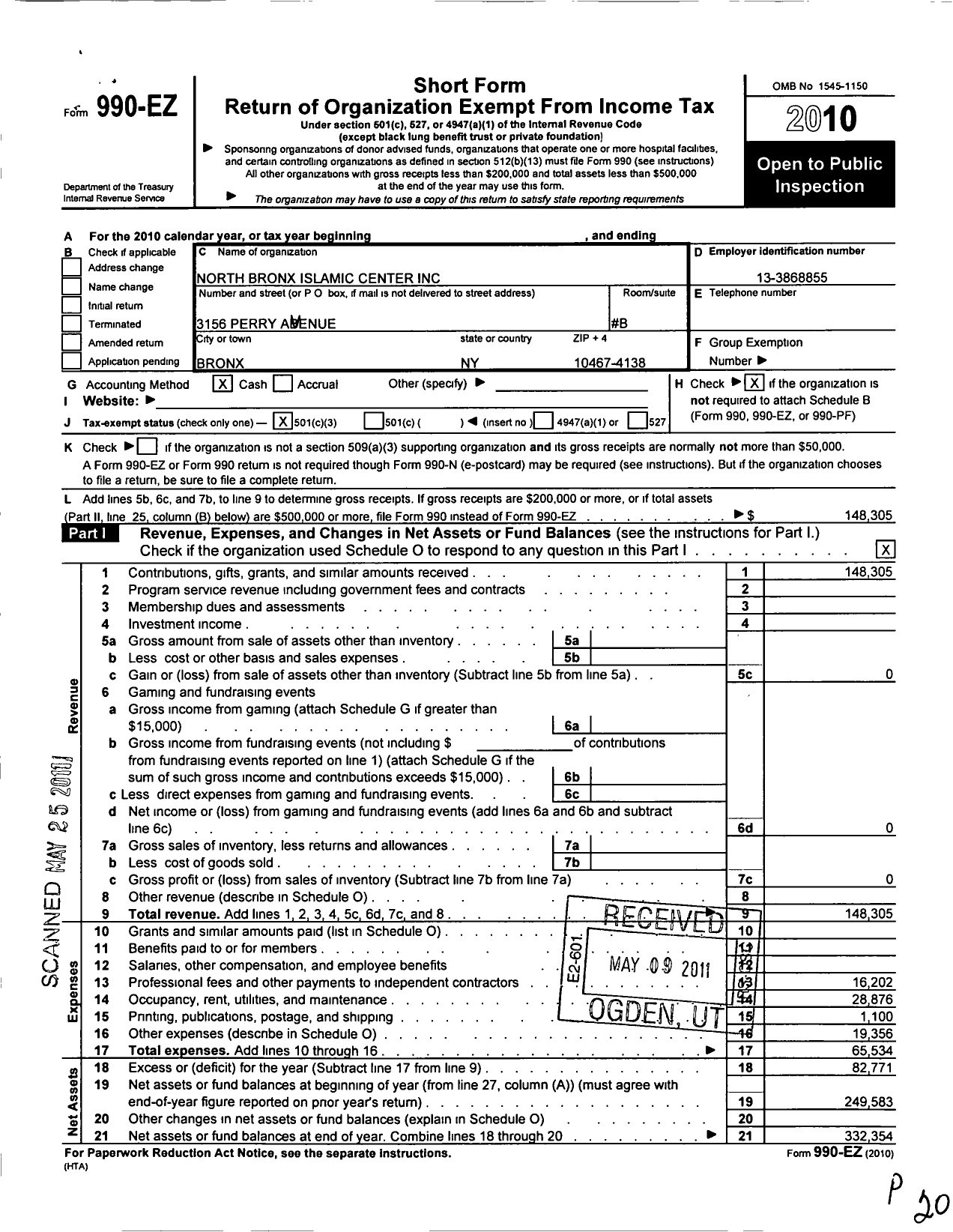 Image of first page of 2010 Form 990EZ for North Bronx Islamic Center