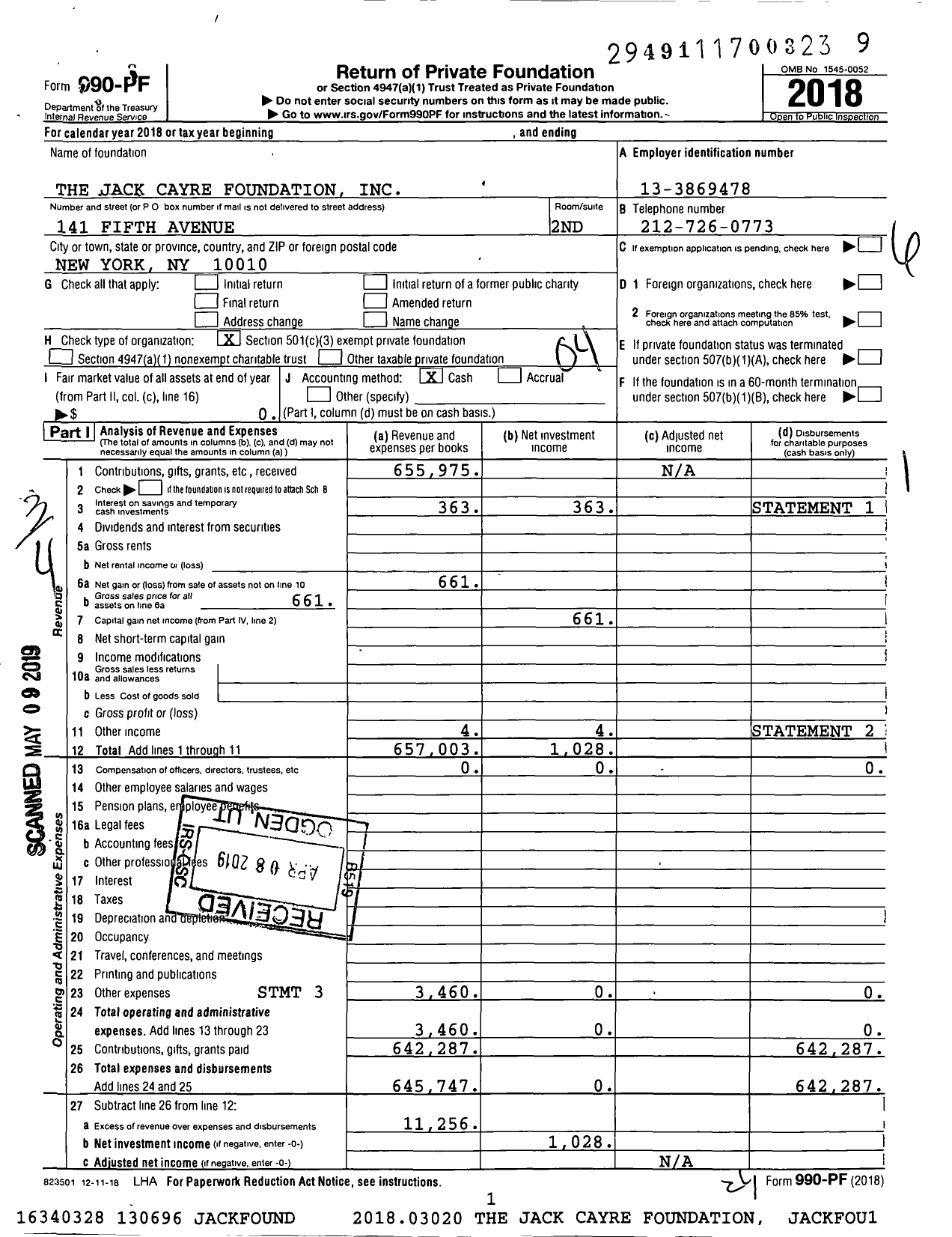 Image of first page of 2018 Form 990PF for The Jack Cayre Foundation