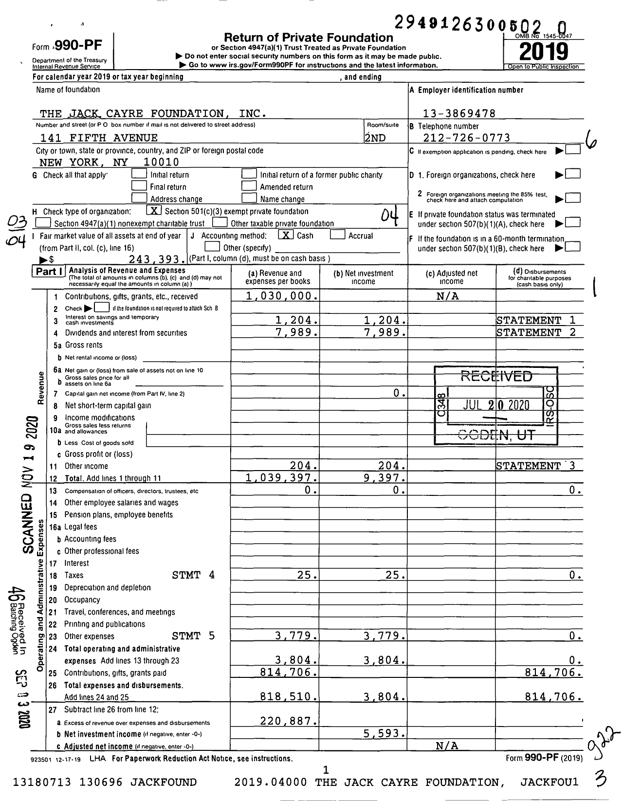 Image of first page of 2019 Form 990PF for The Jack Cayre Foundation