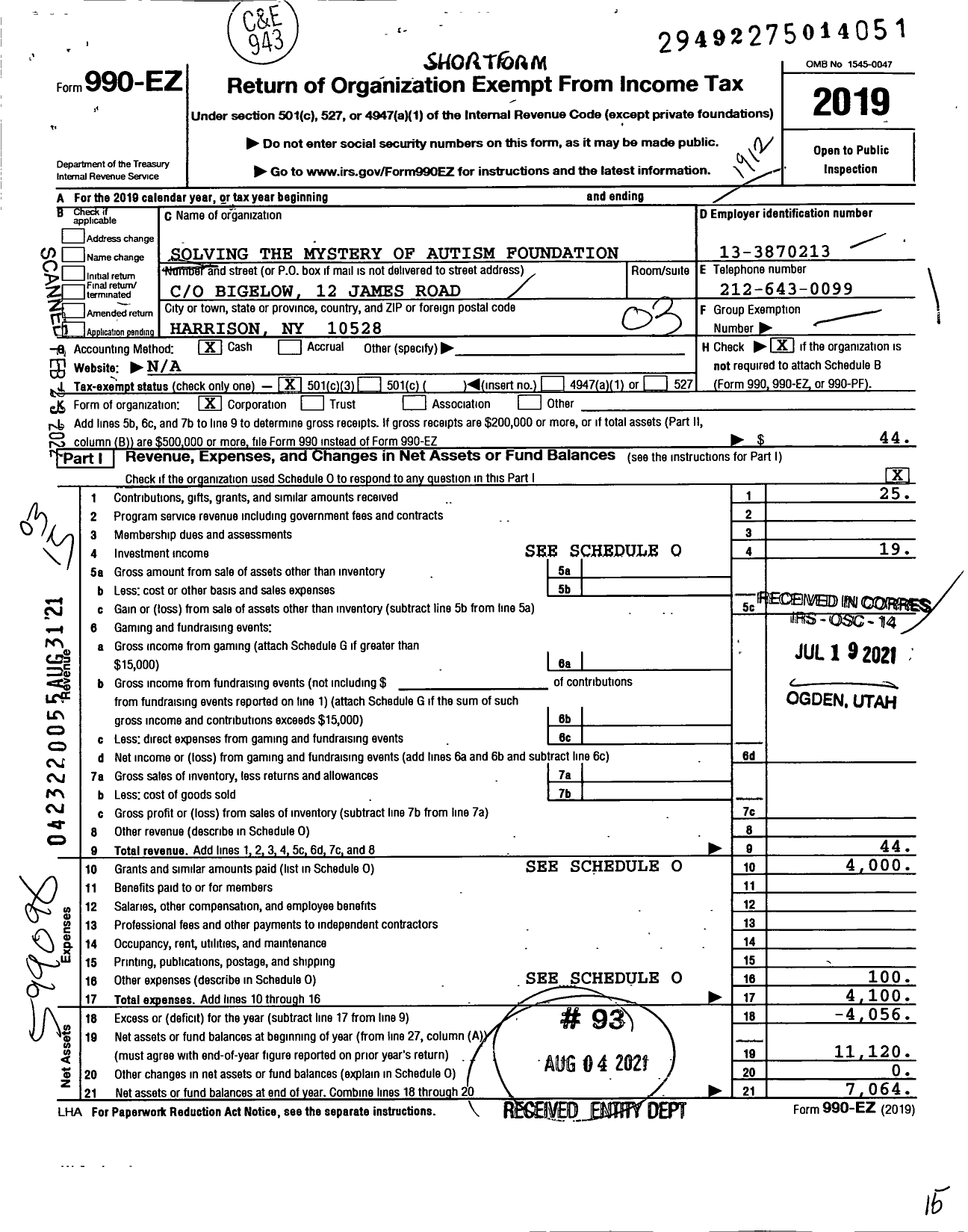 Image of first page of 2019 Form 990EZ for Solving the Mystery of Autism Foundation