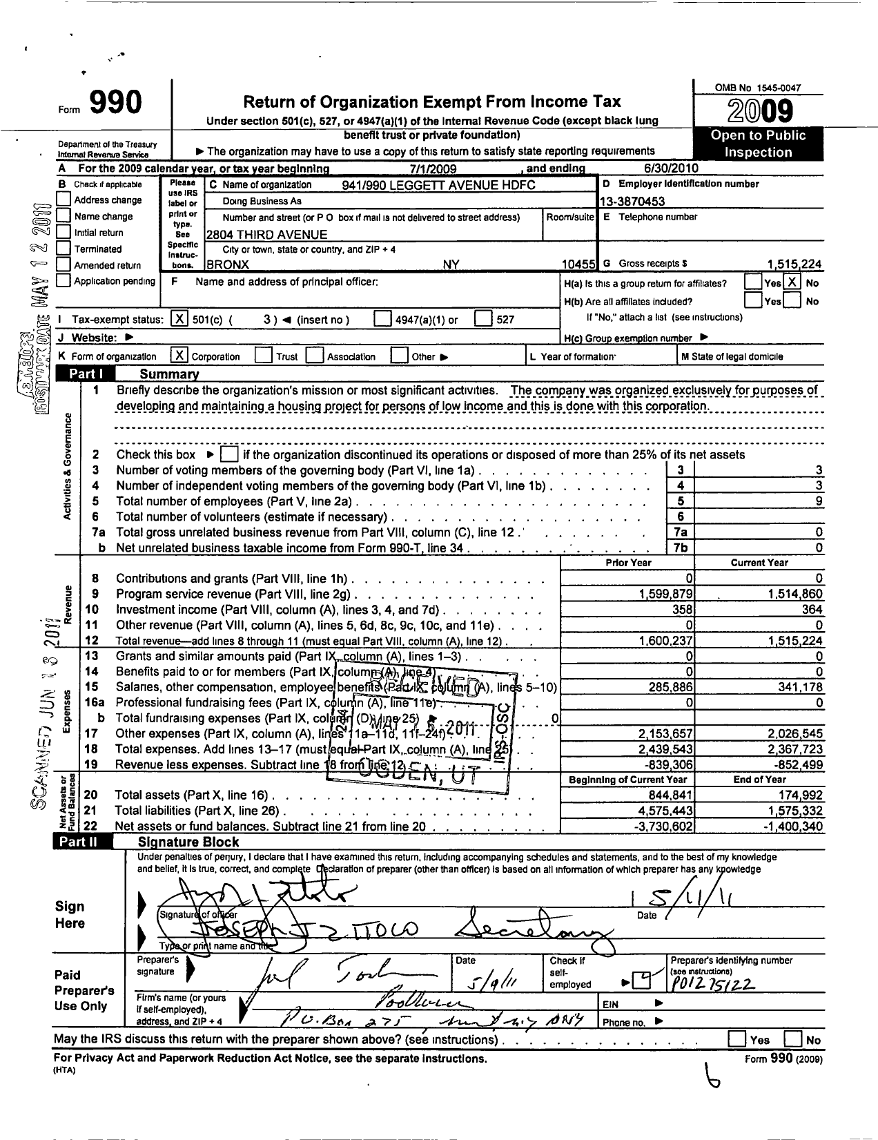 Image of first page of 2009 Form 990 for 941 990 Leggett Avenue HDFC