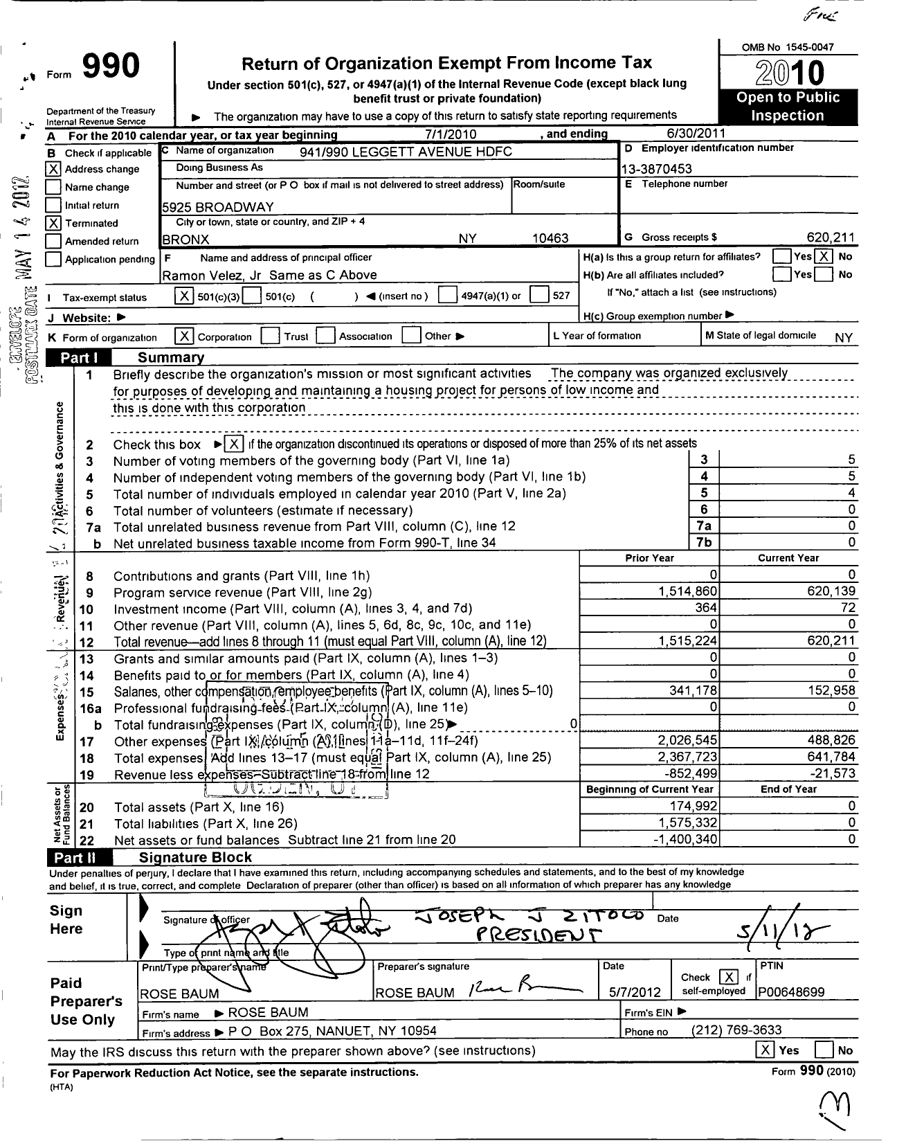 Image of first page of 2010 Form 990 for 941 990 Leggett Avenue HDFC