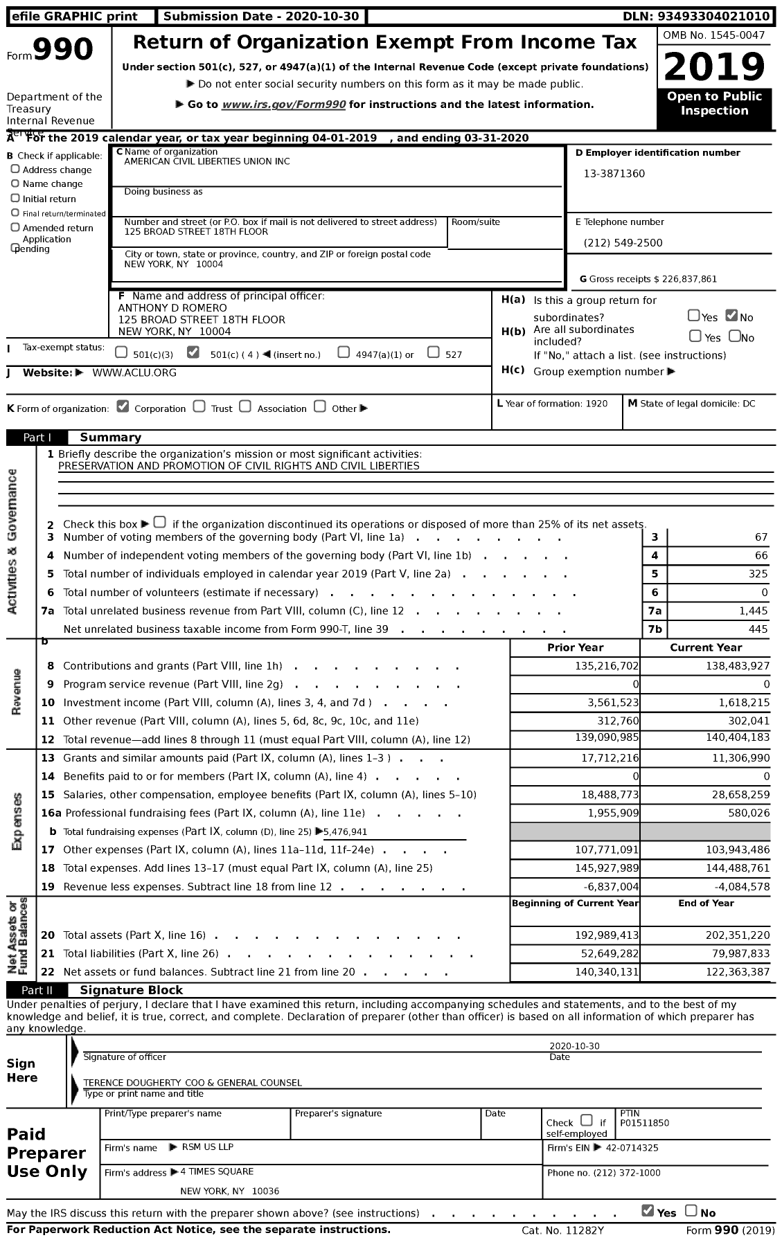 Image of first page of 2019 Form 990 for American Civil Liberties Union (ACLU)