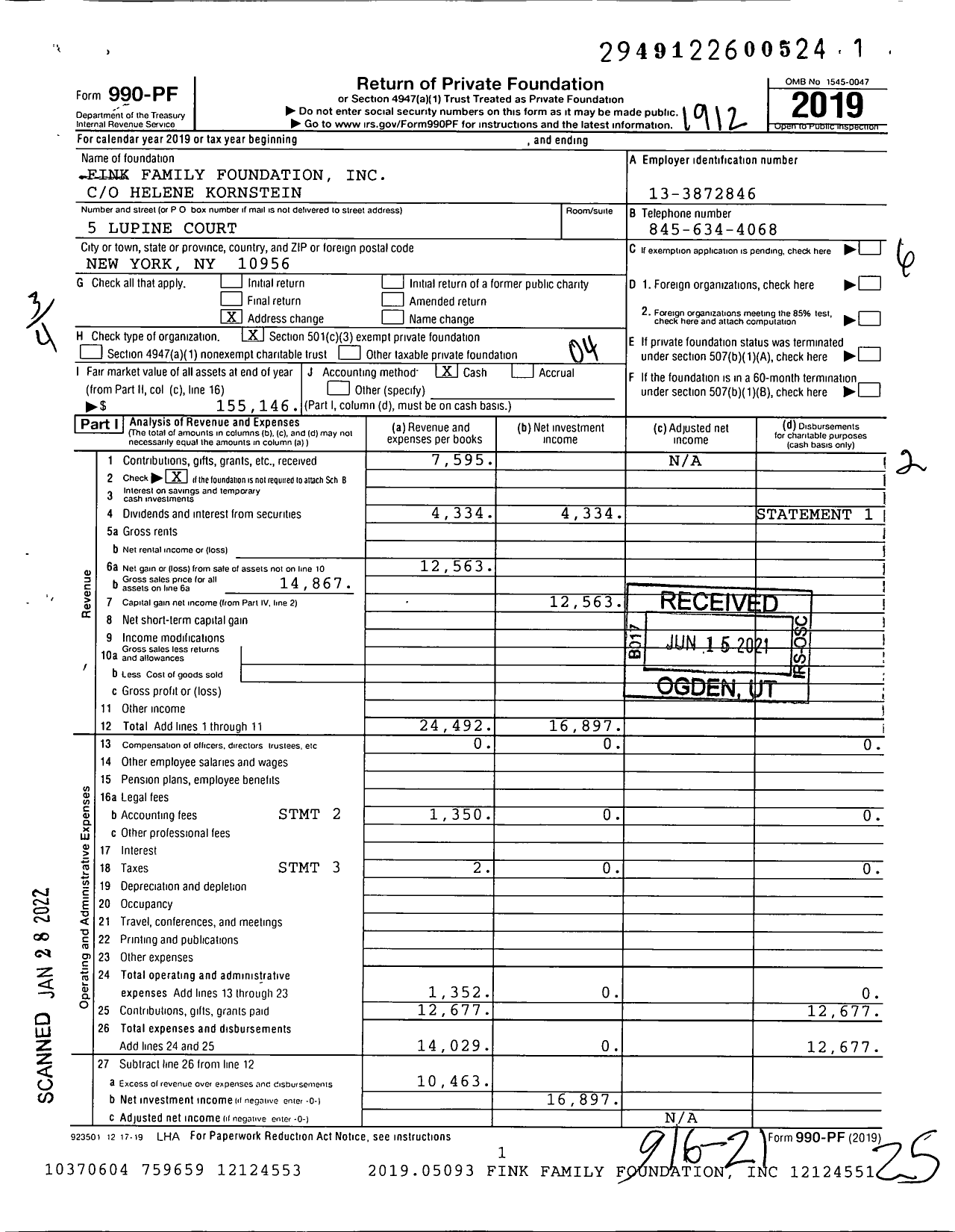 Image of first page of 2019 Form 990PF for Fink Family Foundation